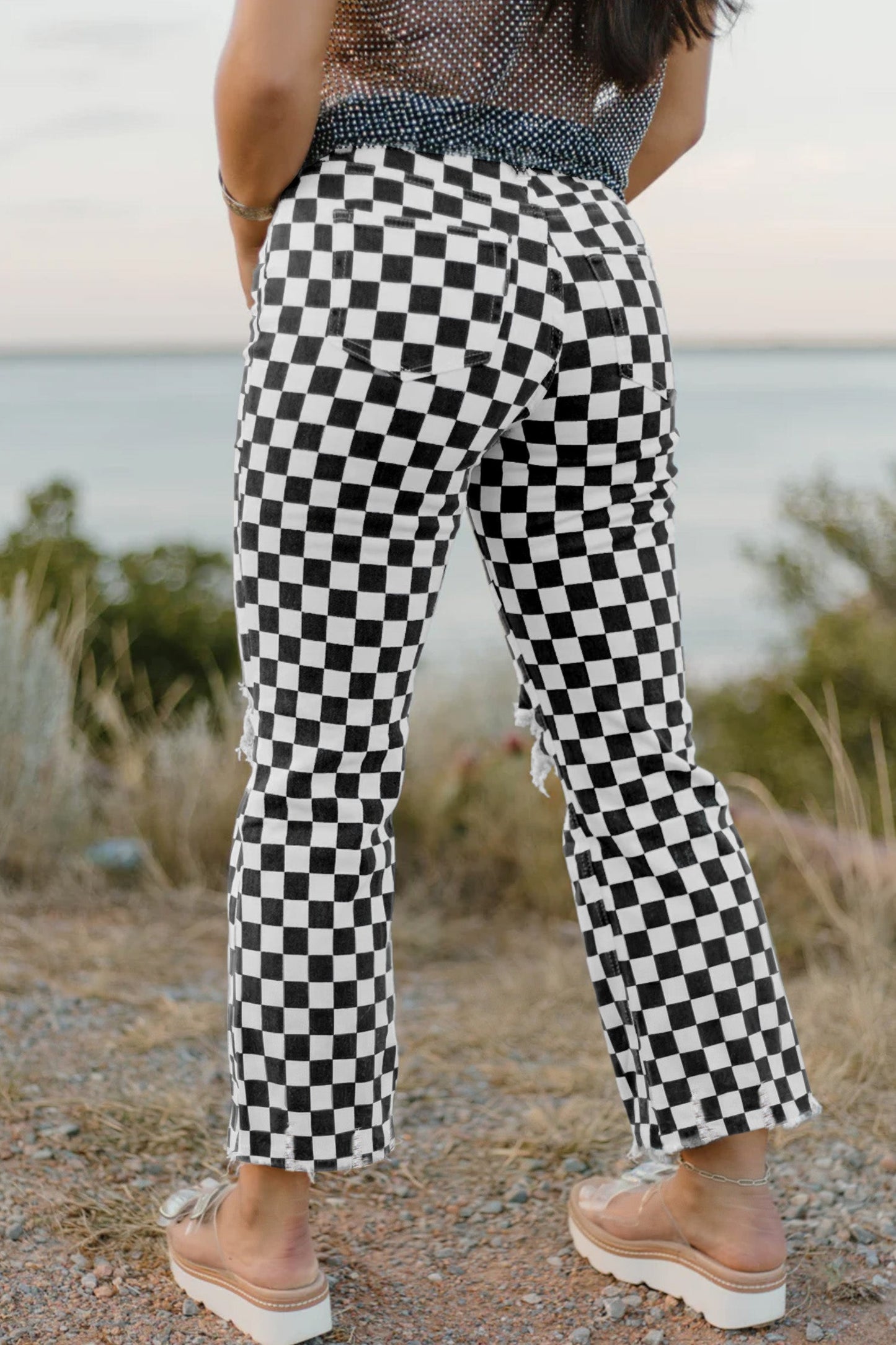 Checker Distressed Raw Edge Cropped Jeans