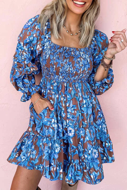 Floral Smocked Bodice Ruffle Sleeve Dress