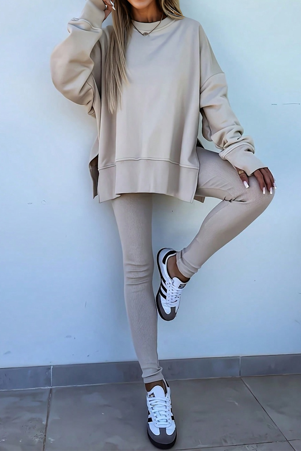 Solid Side Slit Sweatshirt and Leggings Set