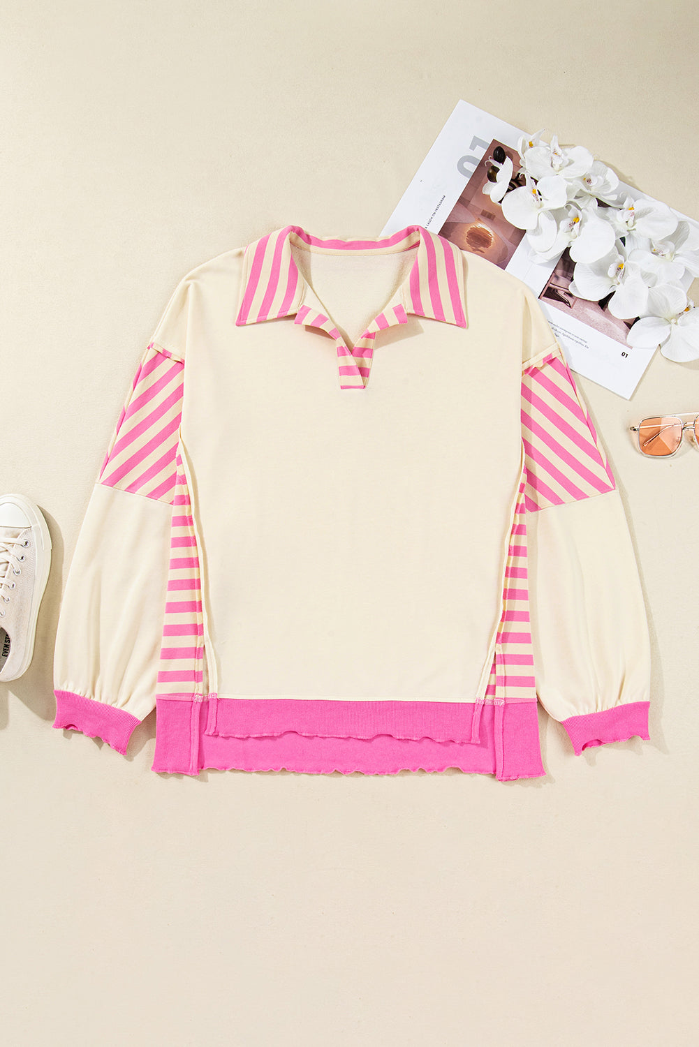 Plus Size Stripe Colorblock Collared Drop Shoulder Top