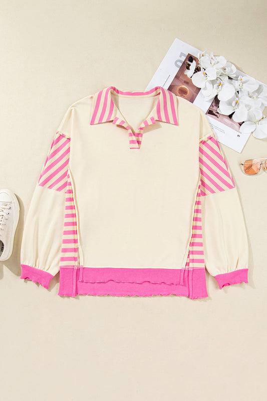 Plus Size Stripe Colorblock Collared Drop Shoulder Top