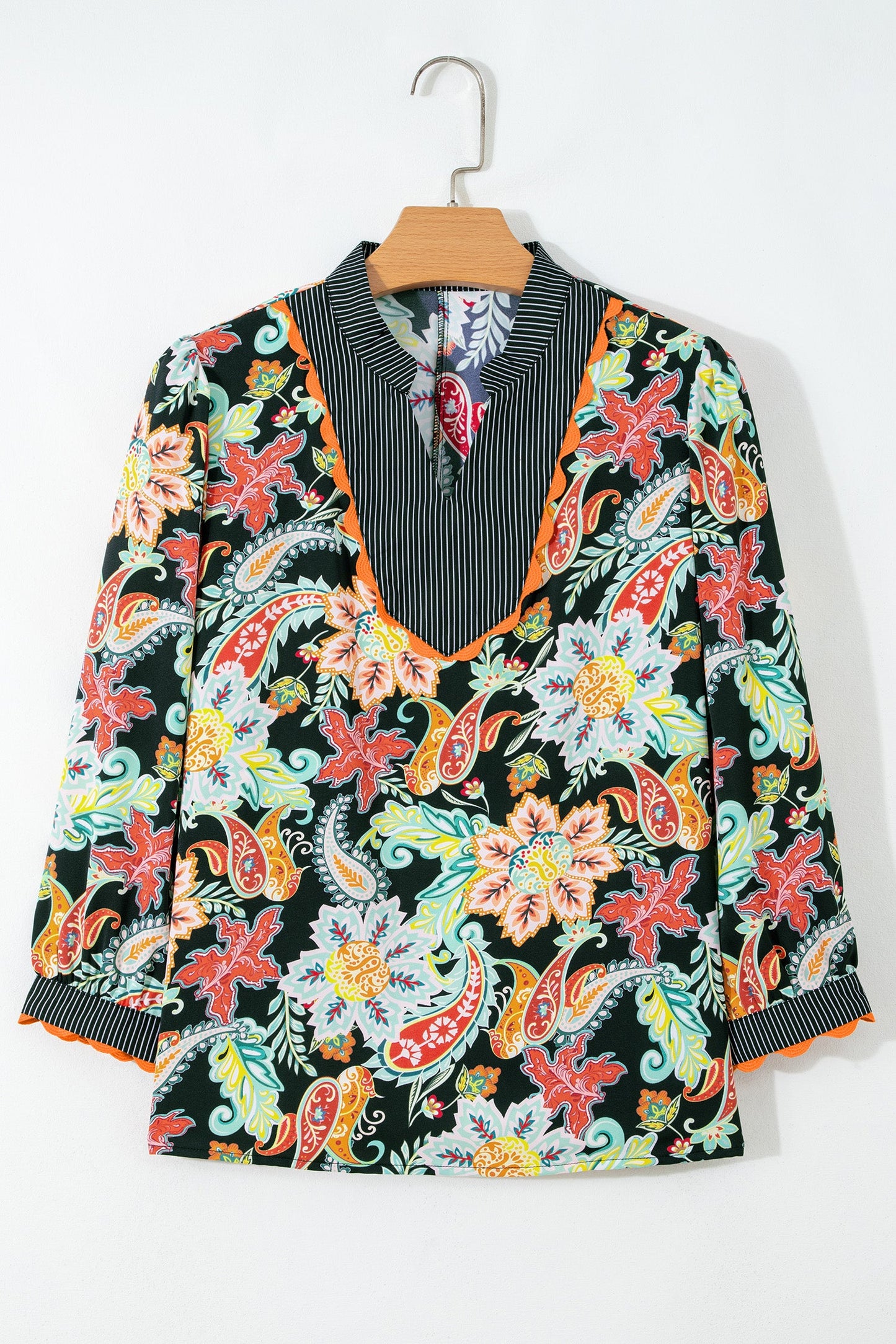 Floral Stripe Patchwork Ricrac Trim Blouse