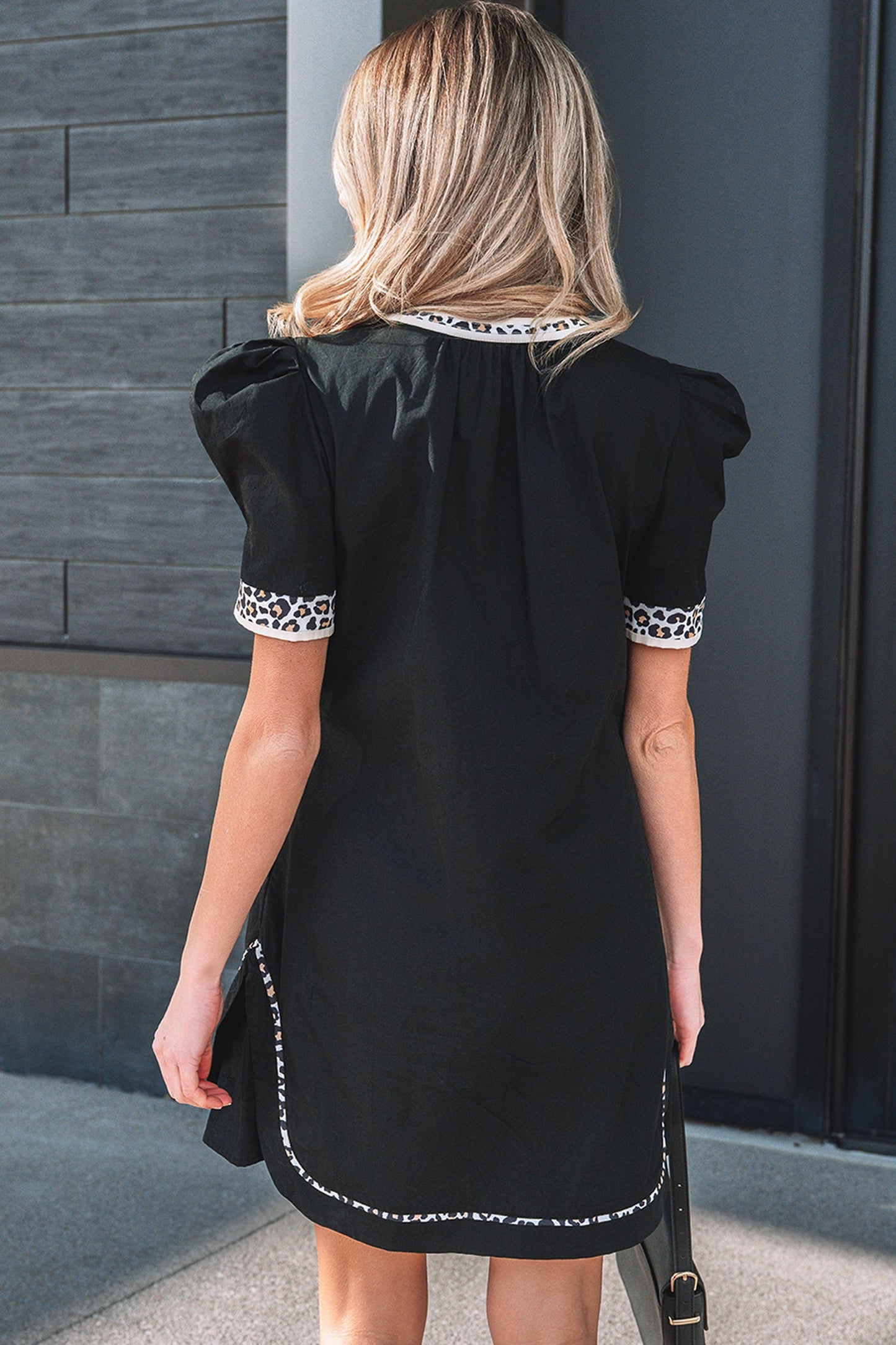 Leopard Trim Short Puff Sleeve Mini Dress