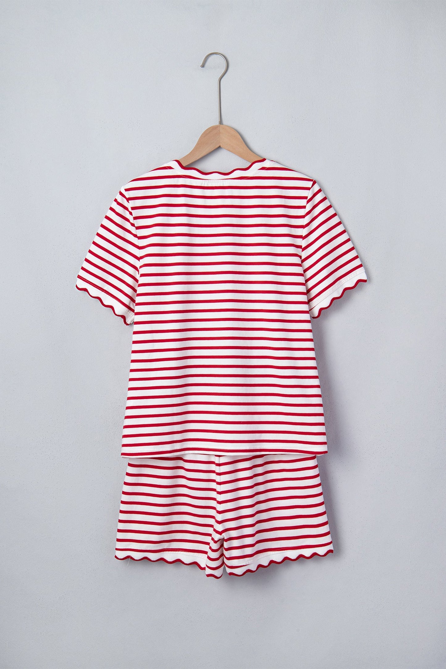 Stripe Scallop Trim Top & Elastic Waist Shorts Set