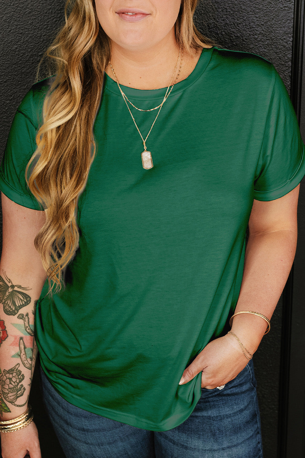 Plus Size Solid Rolled Short Sleeve T-Shirt