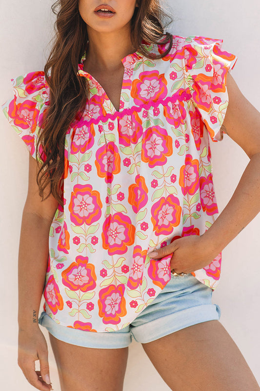 Floral Ricrac Trim  Ruffle Sleeve Blouse
