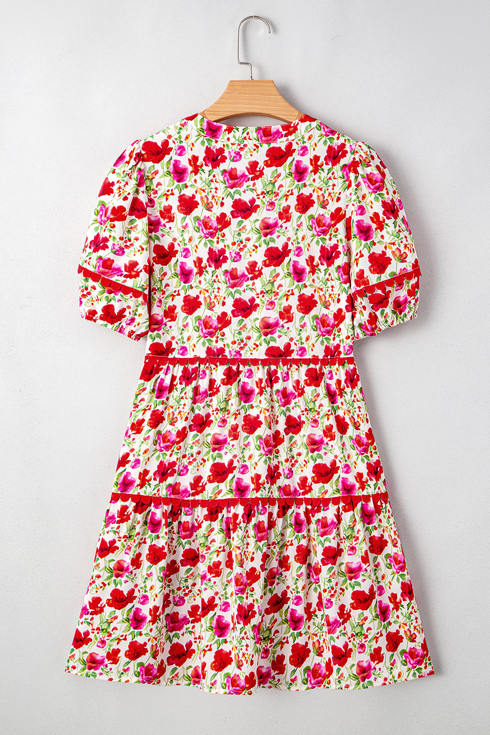 Floral Ricrac Puff Sleeve Pocketed Tiered Mini Dress