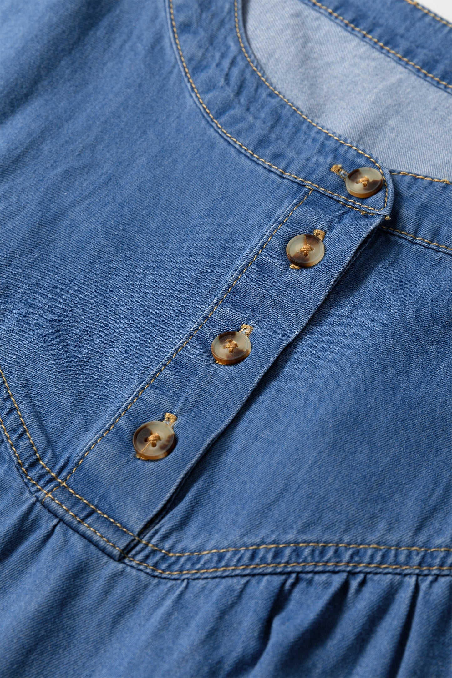 Denim Pleated Half Buttoned Short Sleeve Top