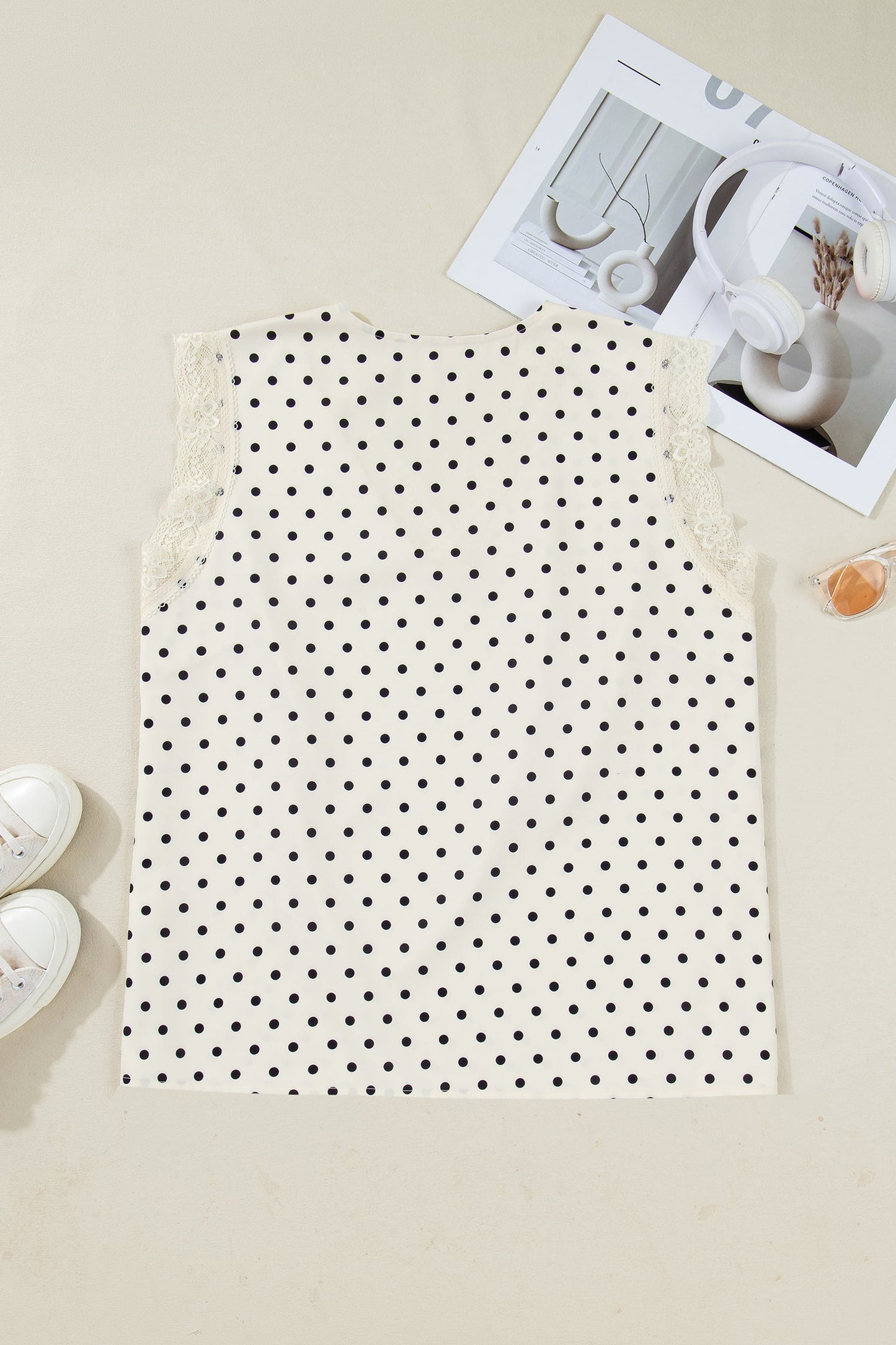 Plus Size Polka Dot Lace V-Neck Sleeveless Top