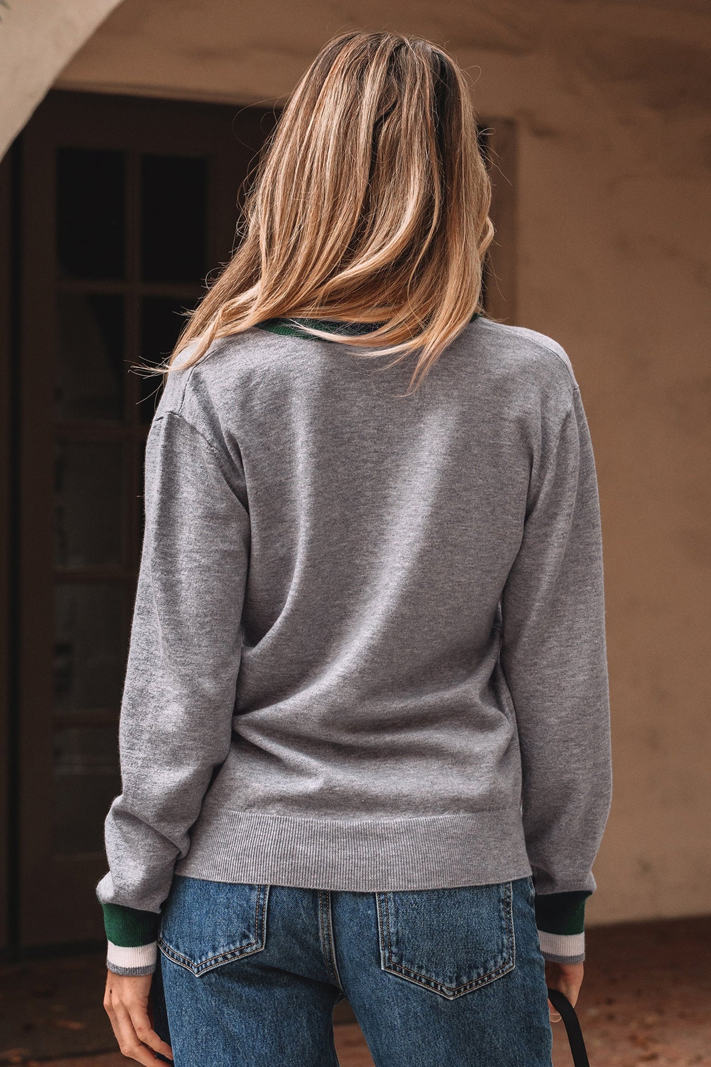 Varsity Stripe Contrast Trim V-Neck Sweater