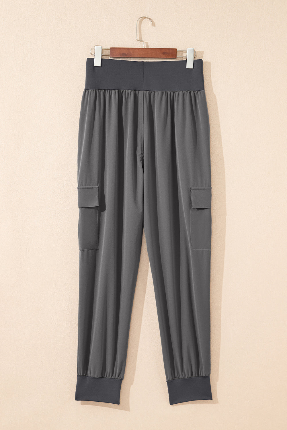 Solid Elastic High Waist Pocketed Cargo Jogger Pants