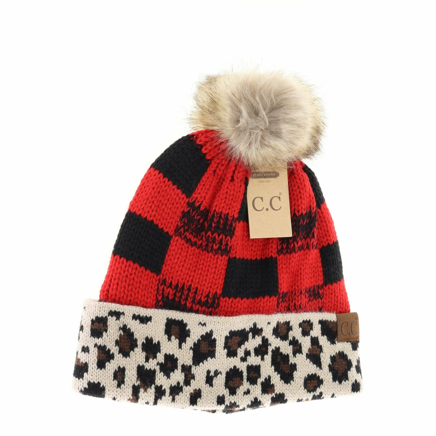 Leopard/Buffalo Mixed Print Fur Pom C.C Beanie HAT2084