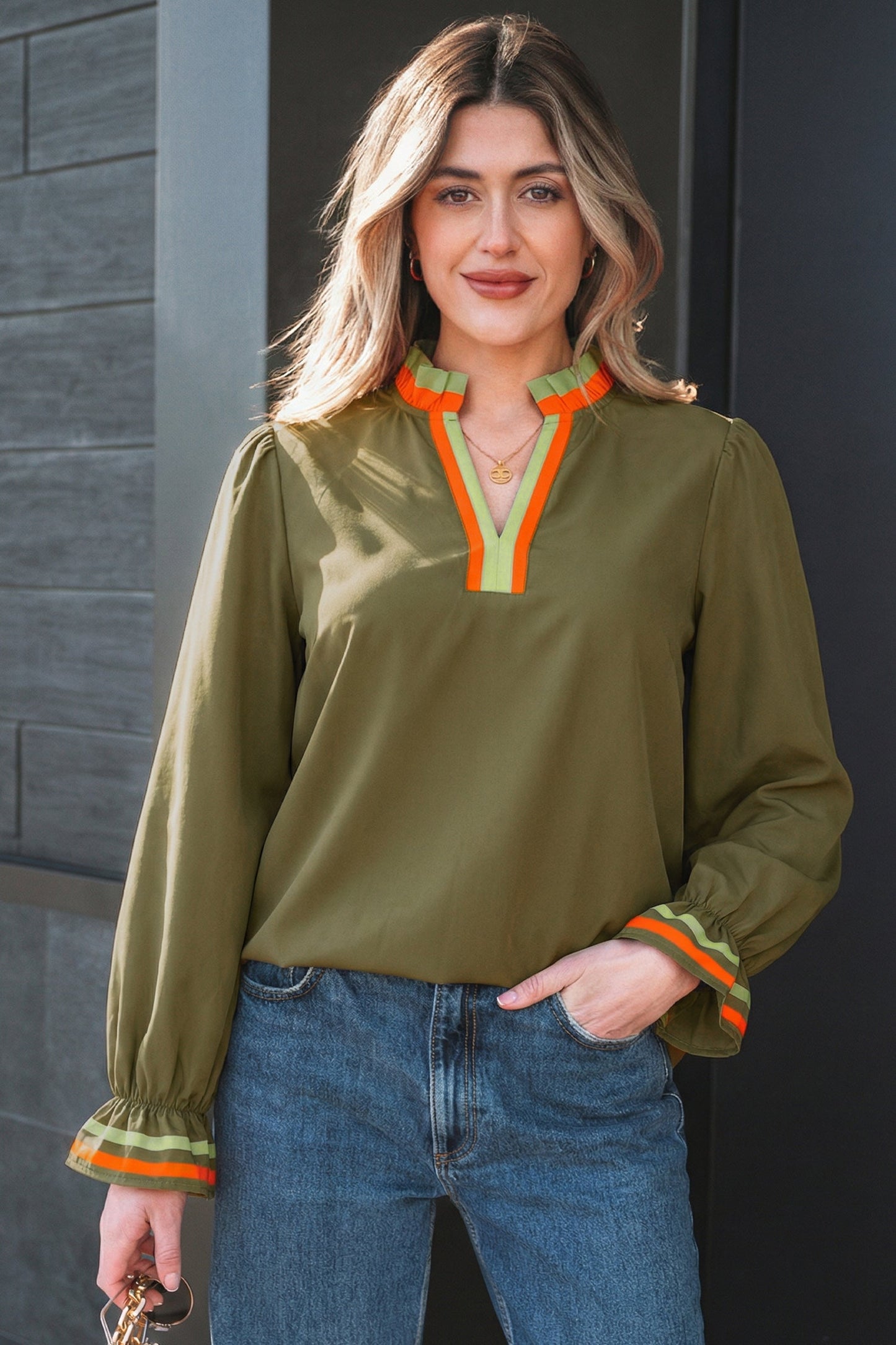 Stripe Trim Ruffle Split Neck Long Sleeve Blouse
