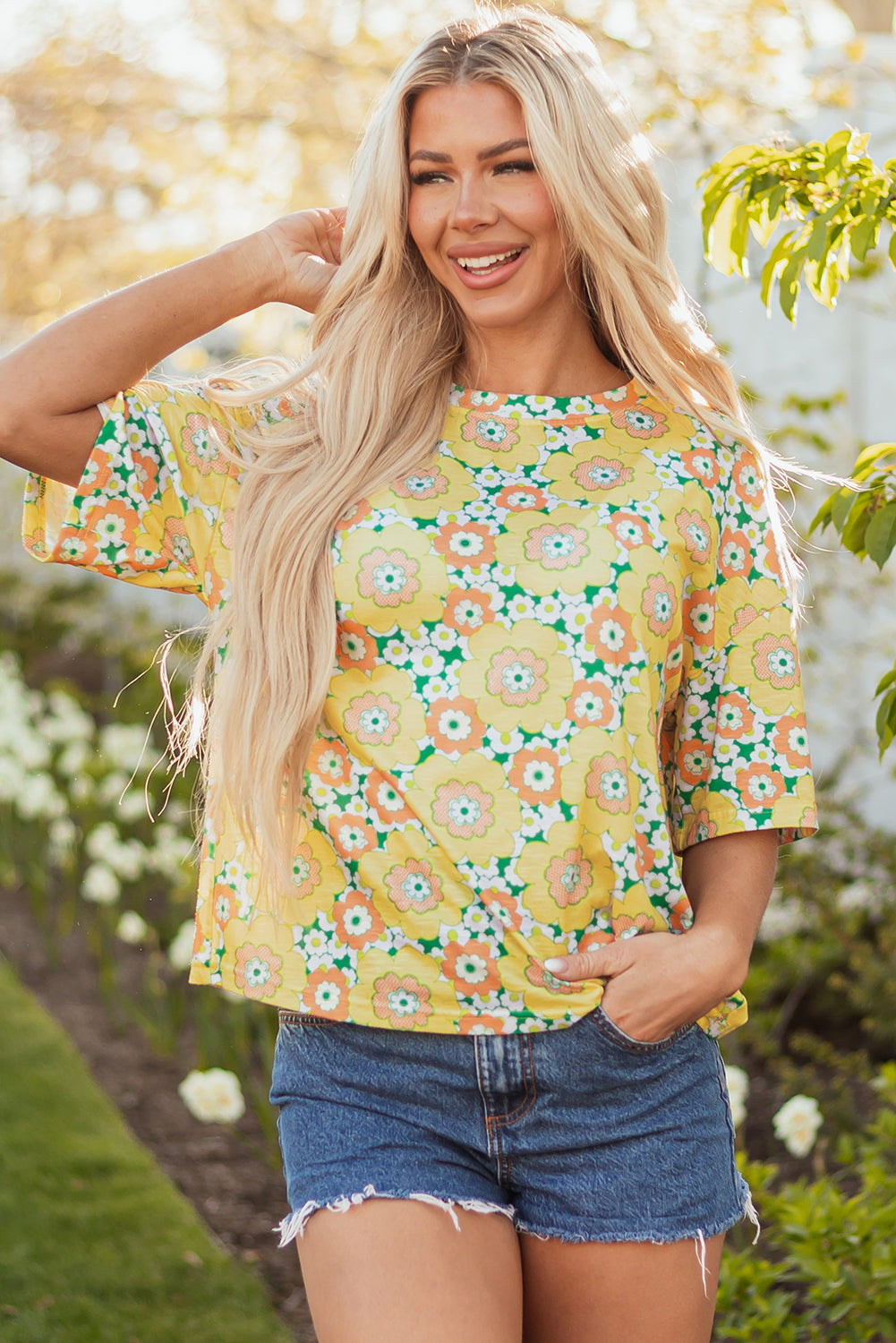 Flower Drop Shoulder Loose Summer T-Shirt