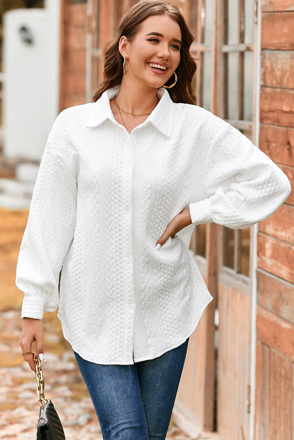 Solid Cable Knit Textured Puff Sleeve Shacket
