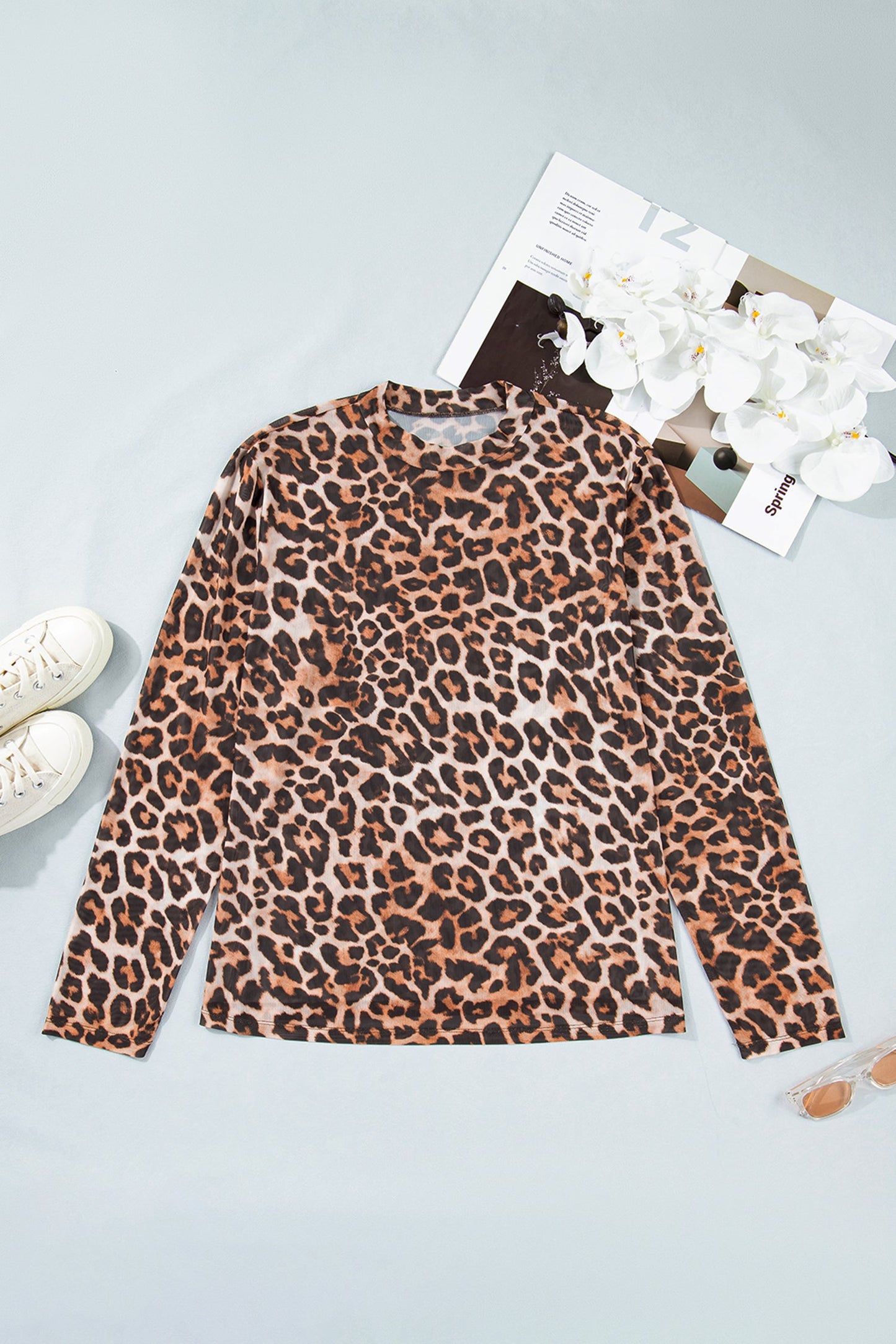 Plus Size Leopard Mesh Mock Neck Top