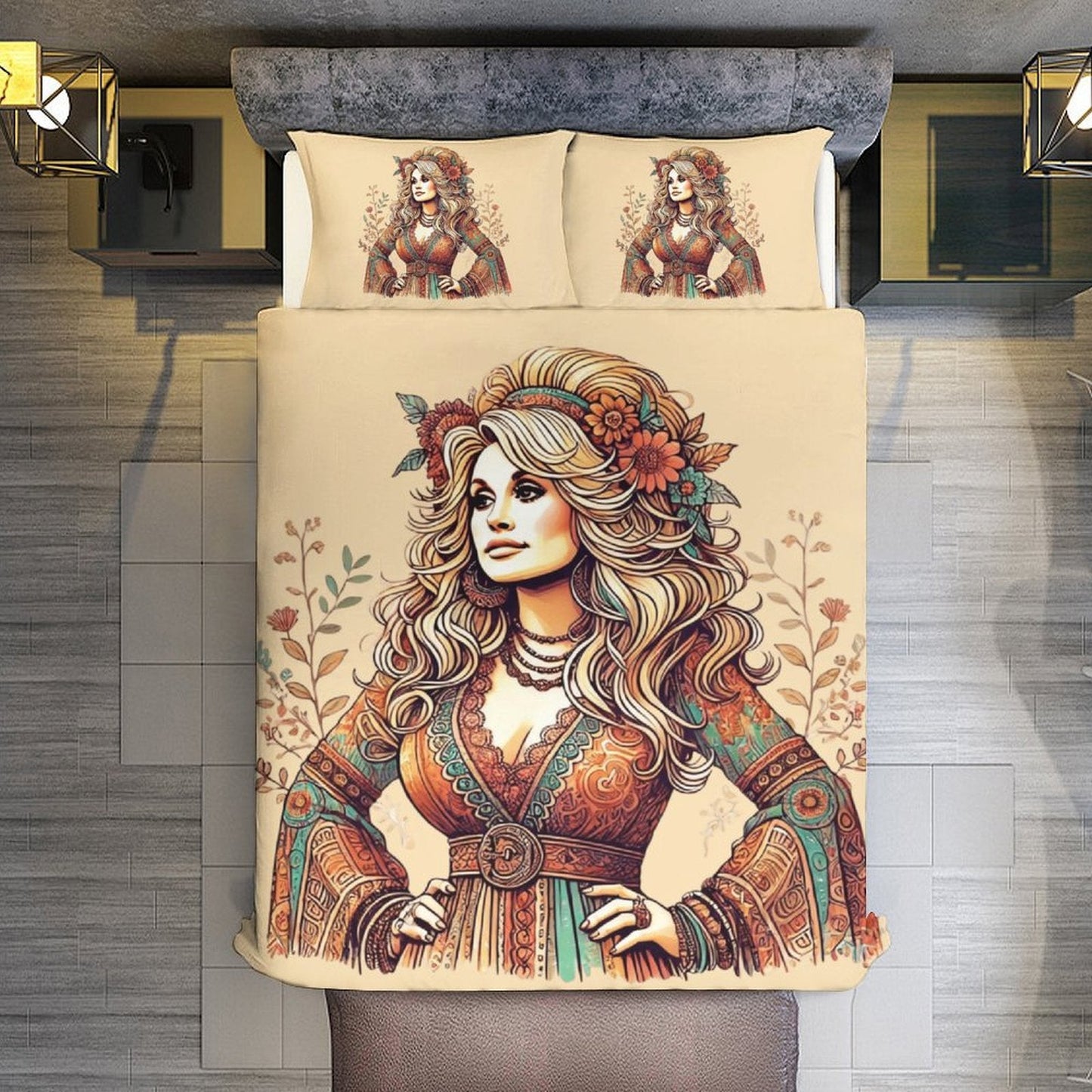 Boho Dolly Guitar Design 3-Piece Bedding Set (1 Duvet Cover + 2 Pillow Shams) – 102"×90"