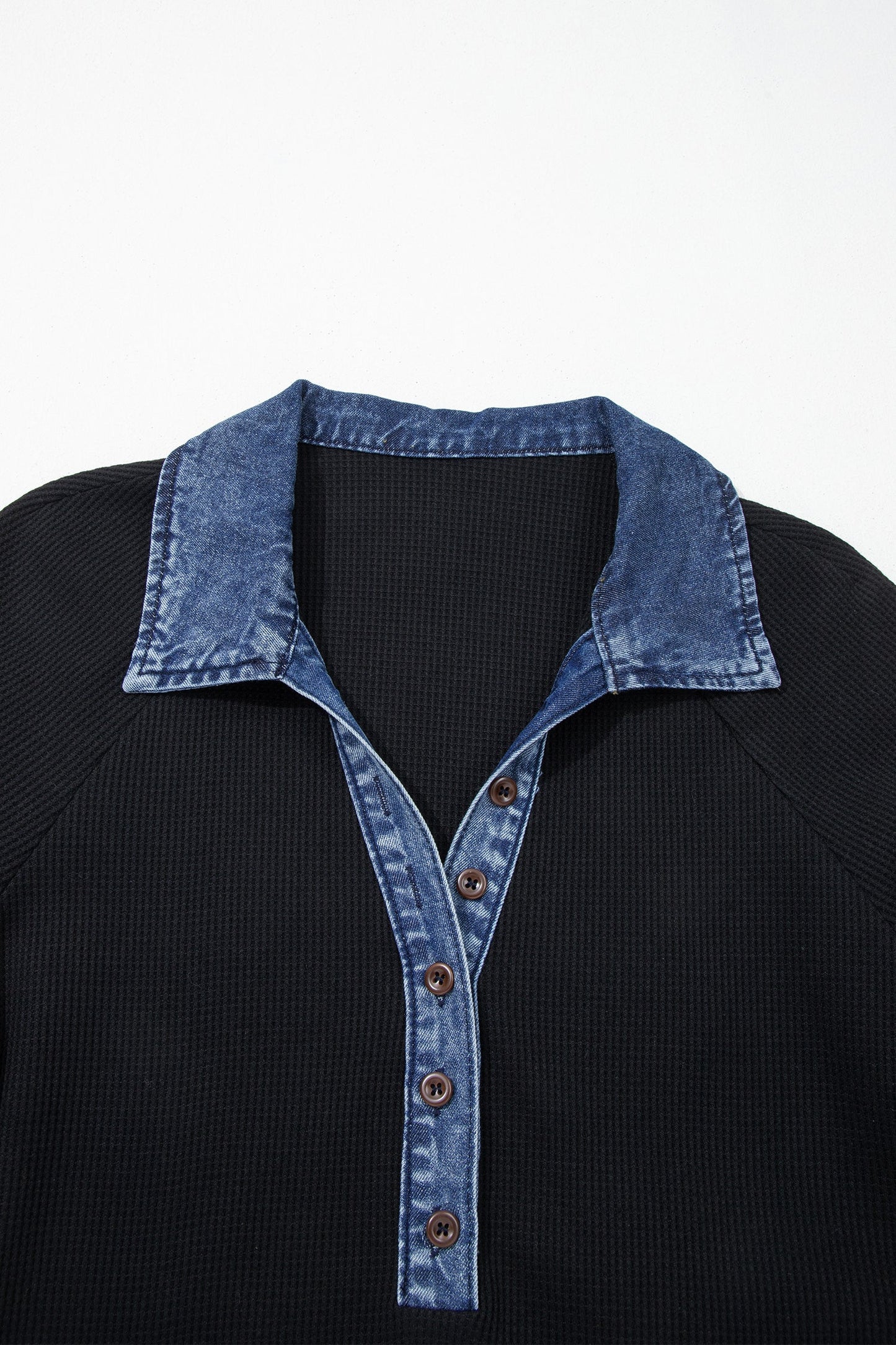 Denim Contrast Trim Patchwork Polo Collar Top
