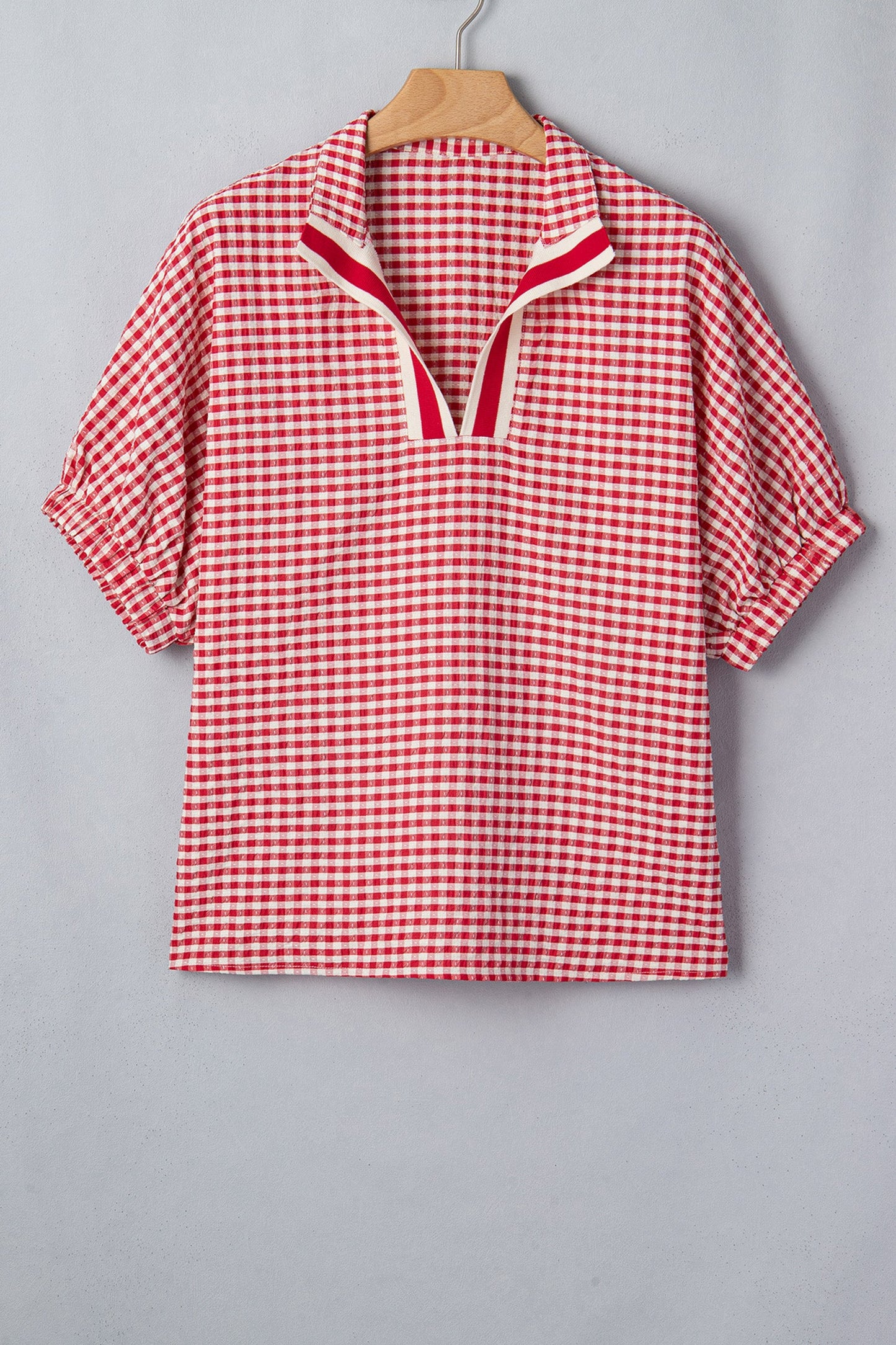 Gingham Plaid Colorblock Trim Split Neck Blouse