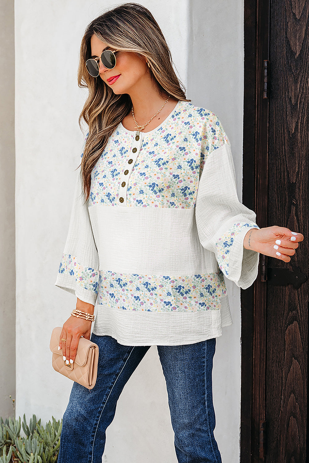 Floral Gauze Patchwork 3/4 Sleeve Blouse