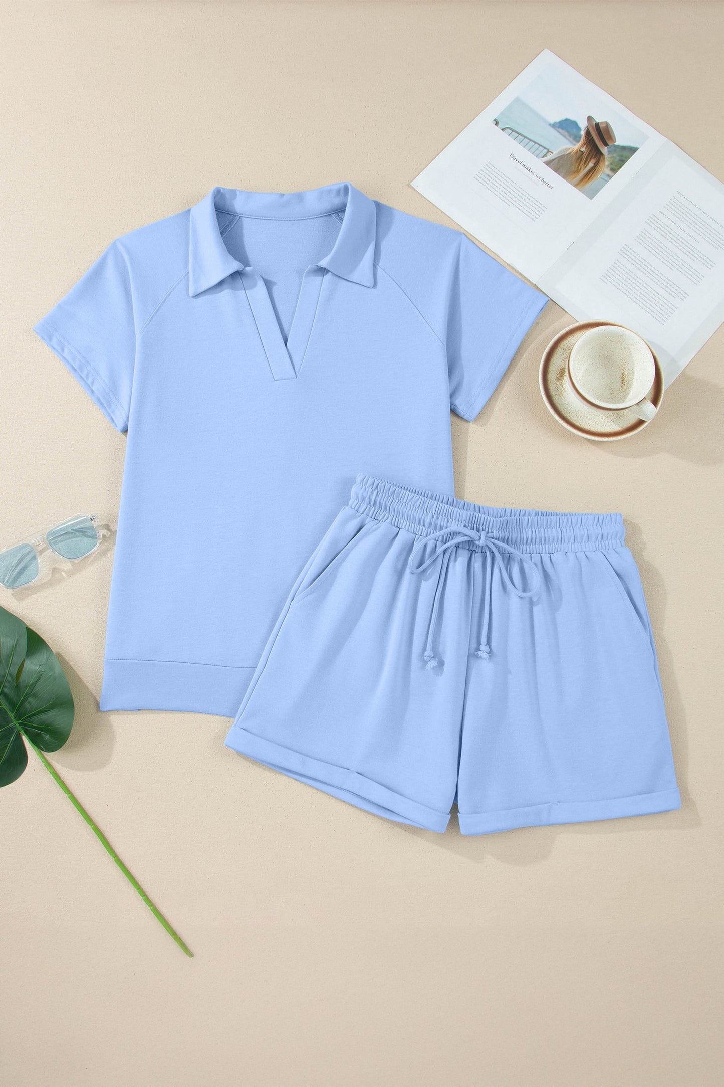 Solid Collared V-Neck Tee & Drawstring Shorts Set