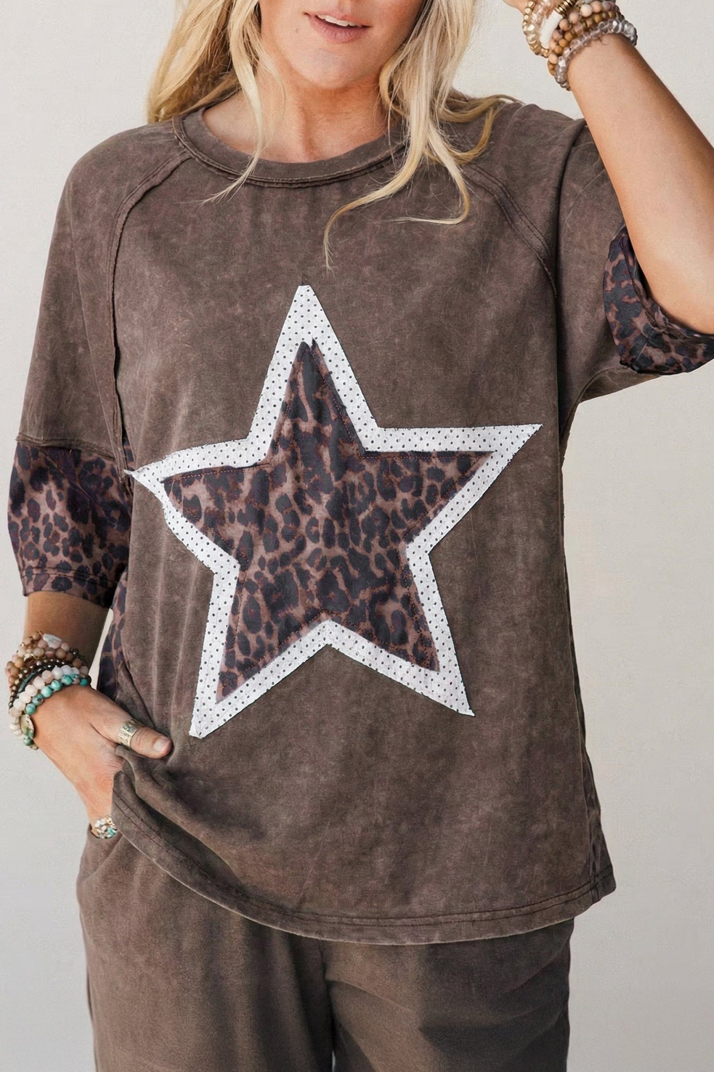 Leopard Star Patched Mineral Wash Exposed Seam T-Shirt