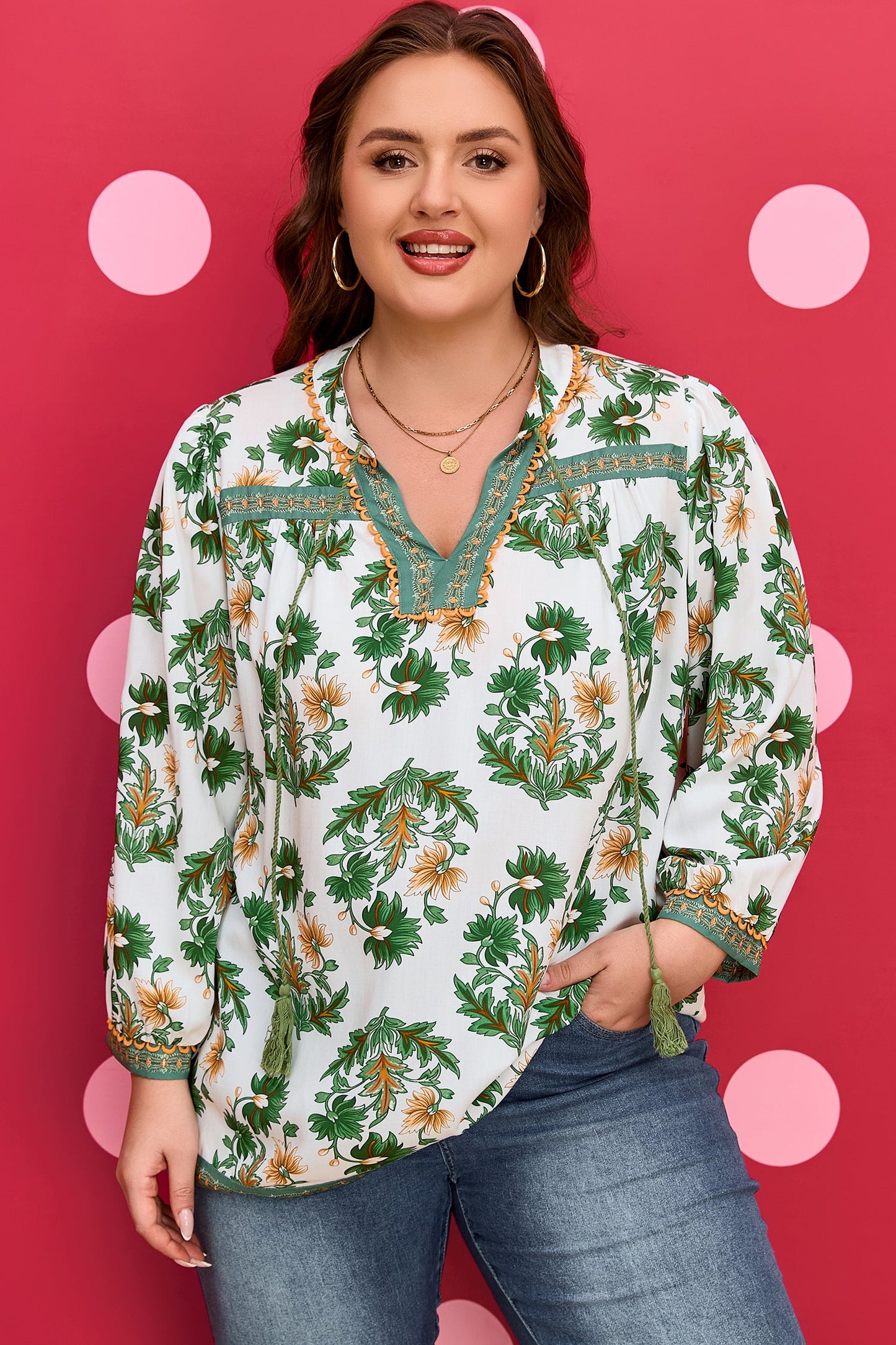 Plus Size Floral Patchwork Tassel Tie Blouse