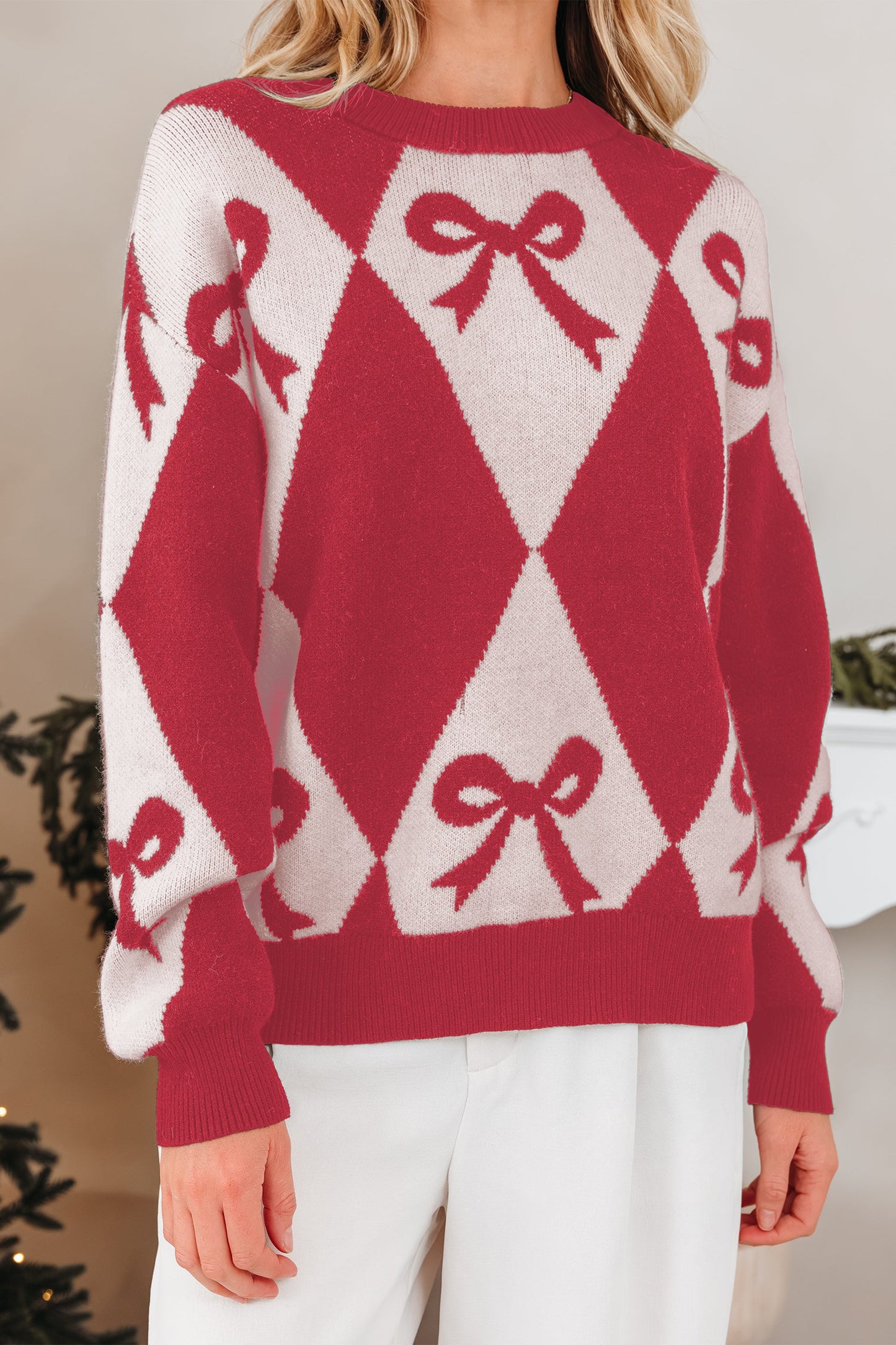 Bow Colorblock Rhombus Drop Shoulder Sweater