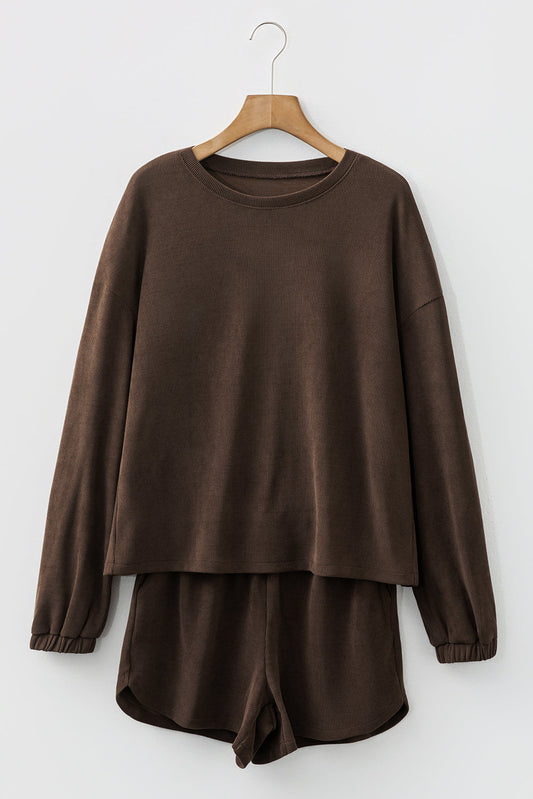 Solid Textured Knit Pullover and Shorts Set