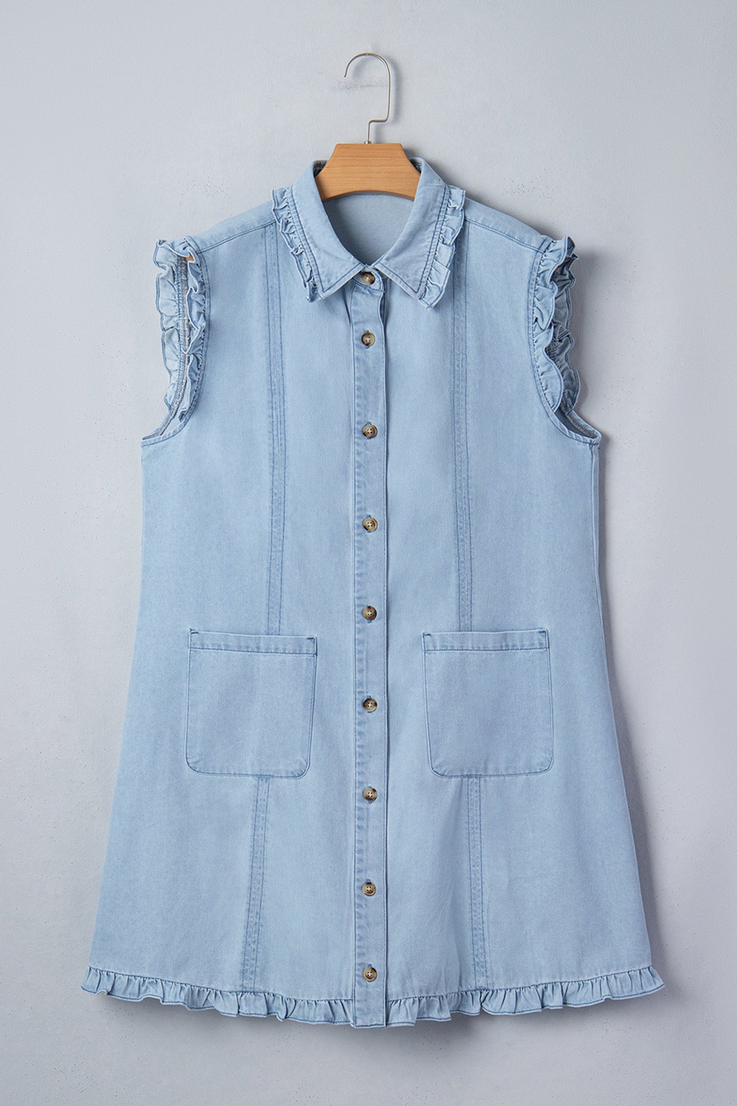 Denim Ruffle Edge Collared Button Up Dress