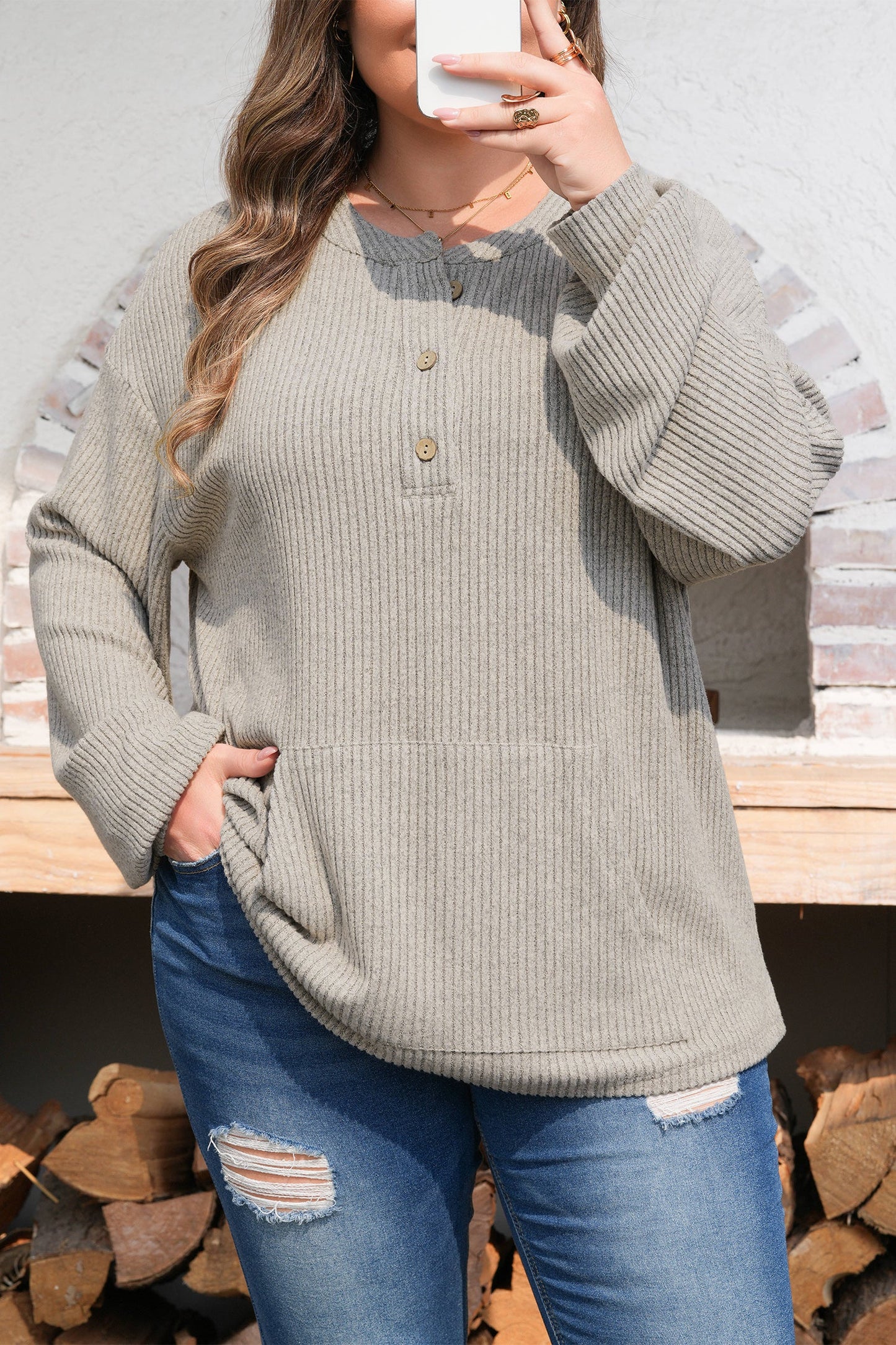 Plus Size Ribbed Knit Kangaroo Pocket Henley Top