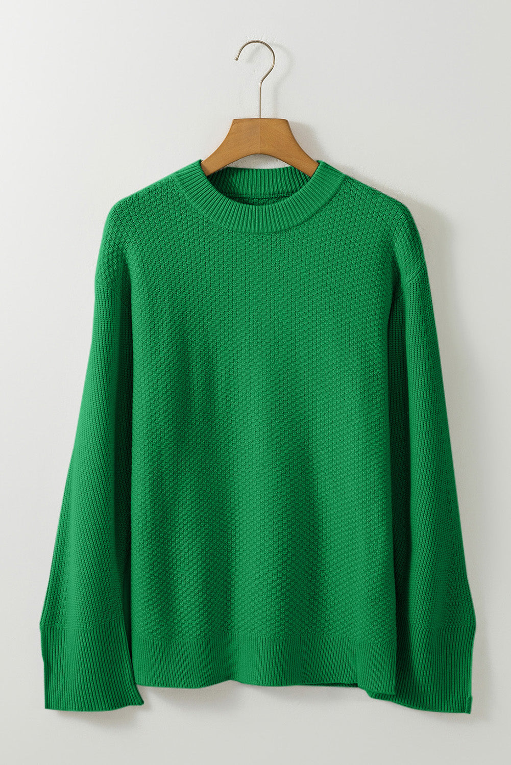 Solid Textured Knit Split Cuff Drop Shoulder Sweater