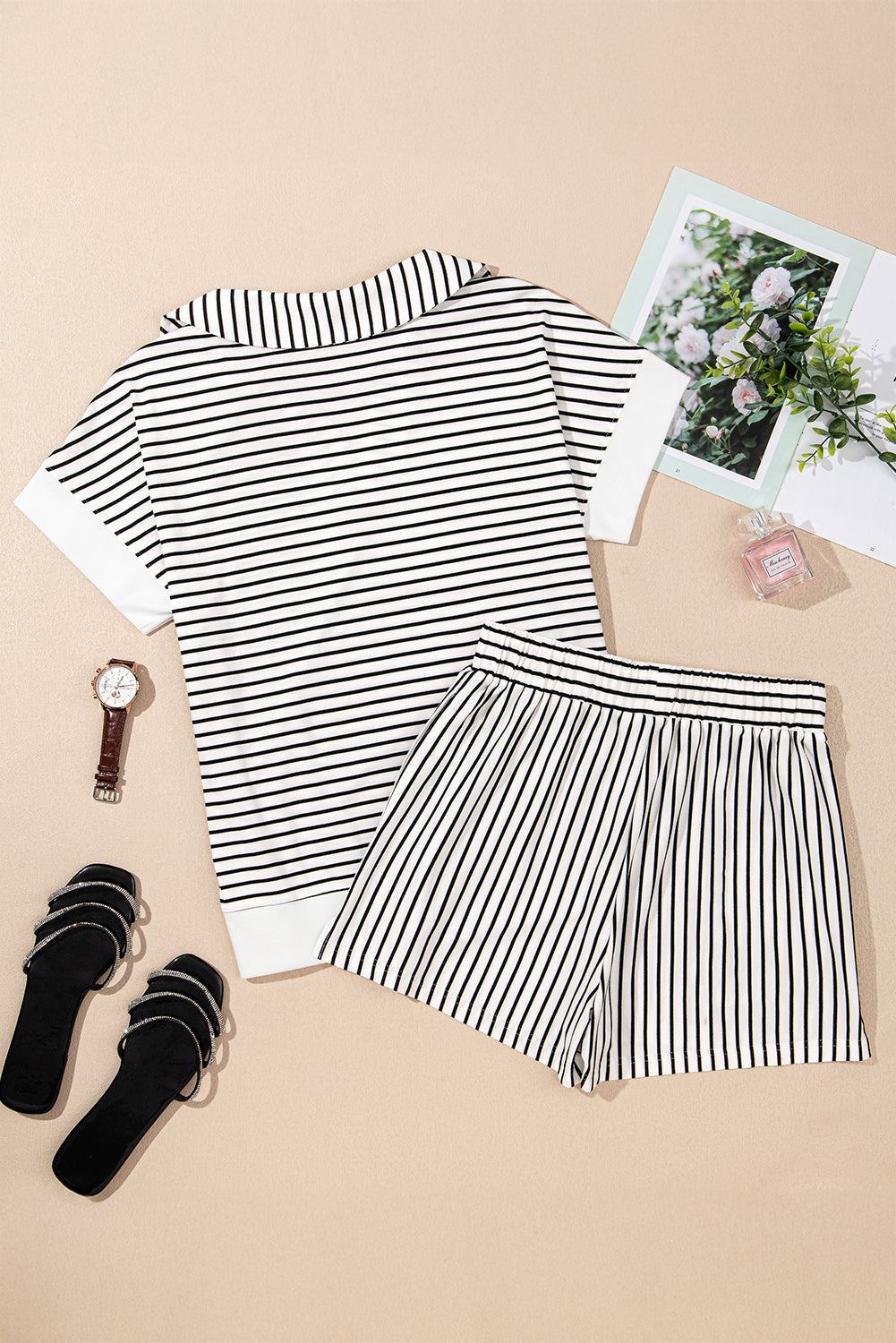 Stripe V-Neck Tee and Casual Shorts Set