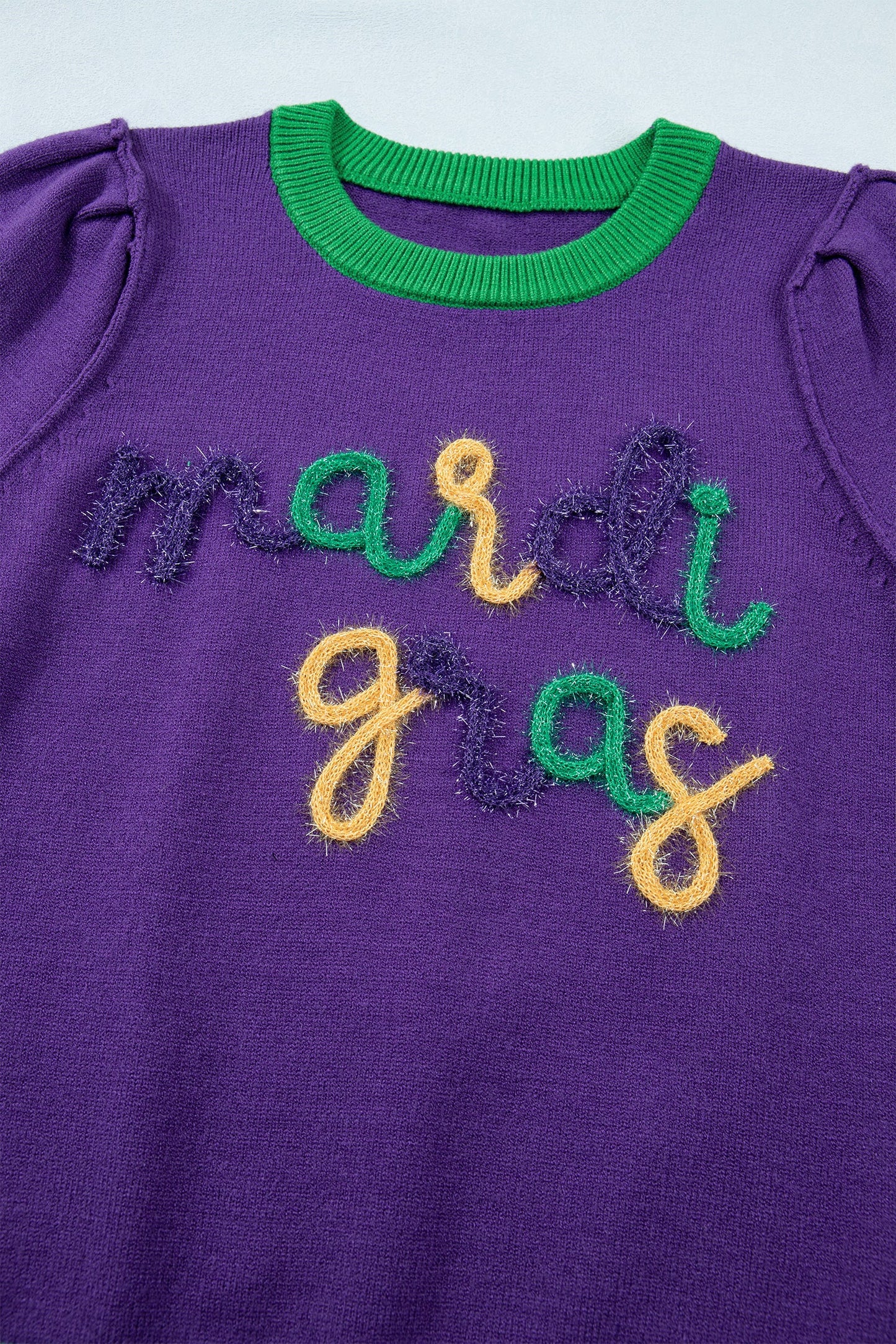 Mardi Gras Tinsel Embroidered Short Sleeve Sweater