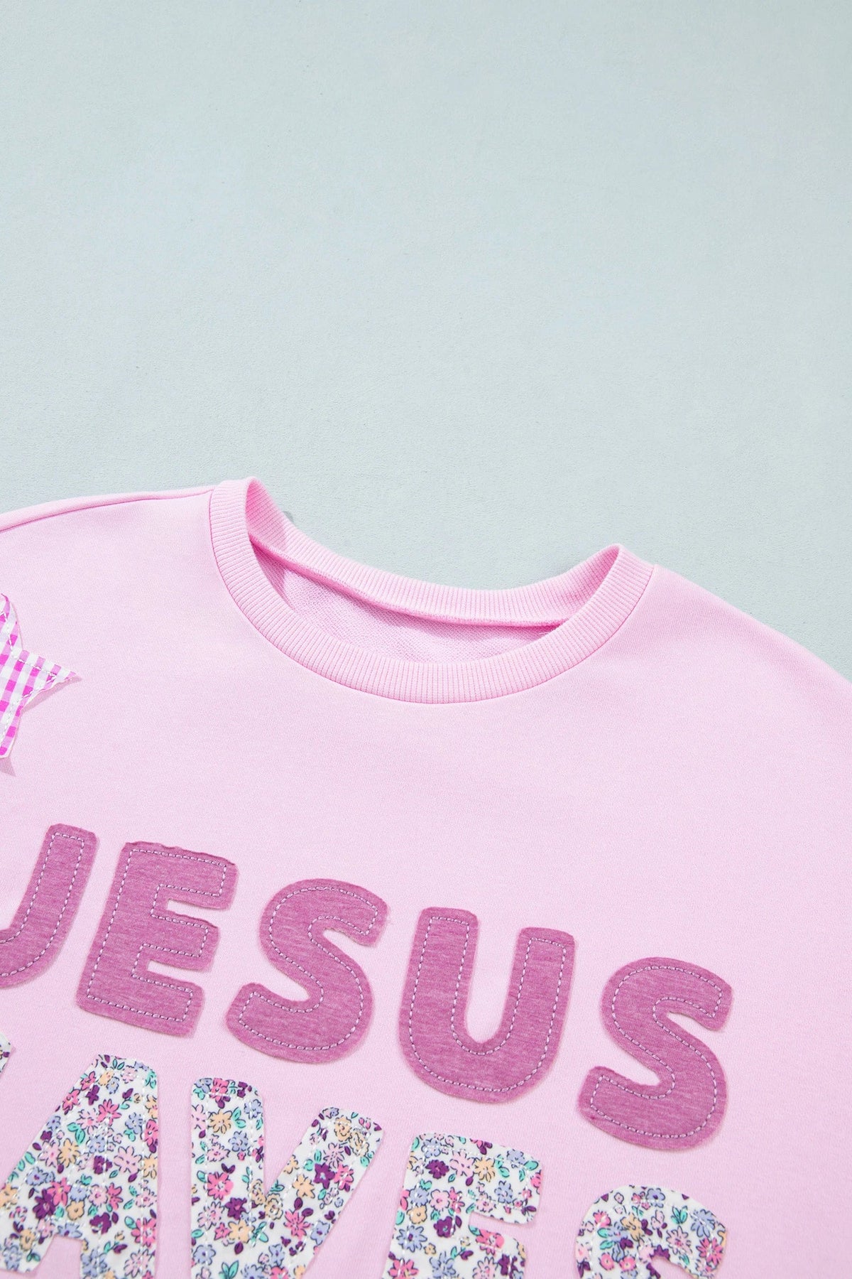 Plus Size JESUS SAVES Floral Gingham Star Patchwork Sweatshirt