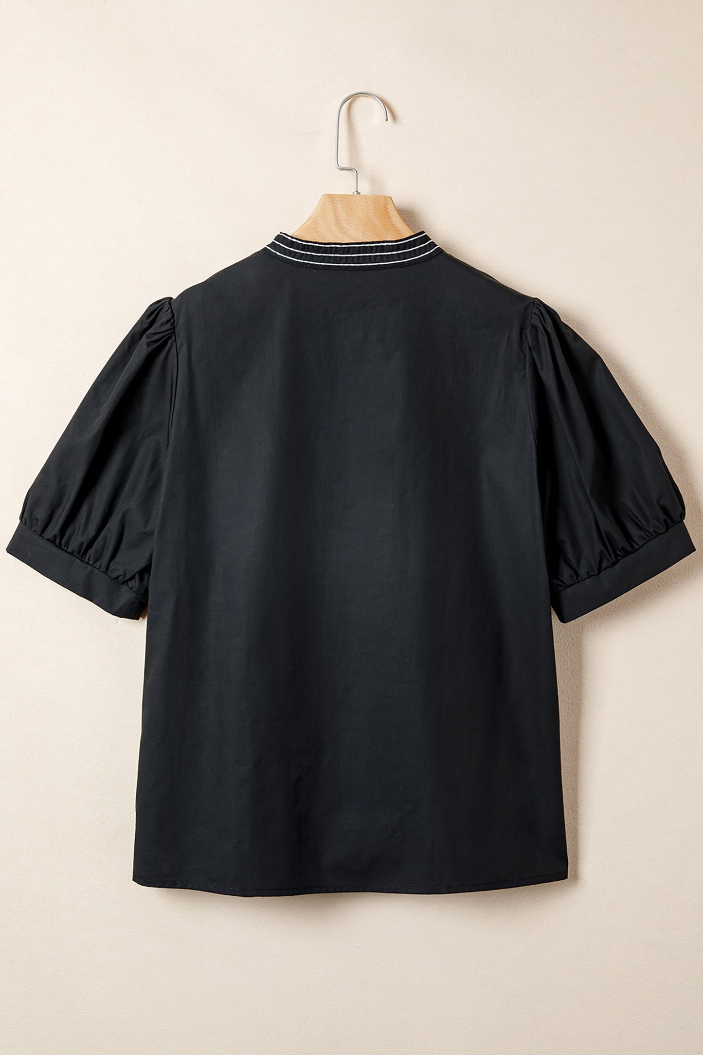 Embroidered V-Neck Short Puff Sleeve Blouse