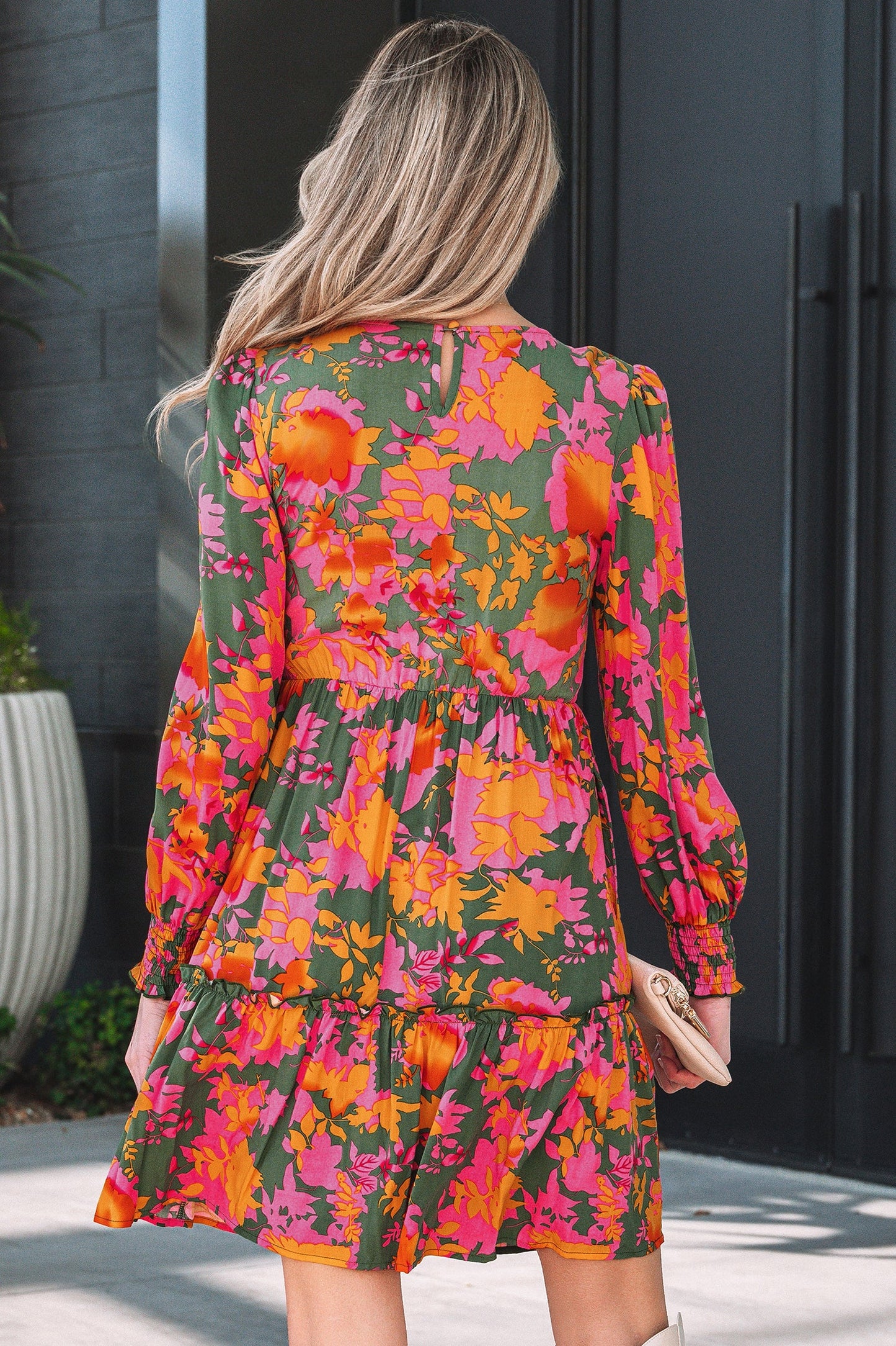 Floral Smocked Ruffle Hem Long Sleeve Mini Dress