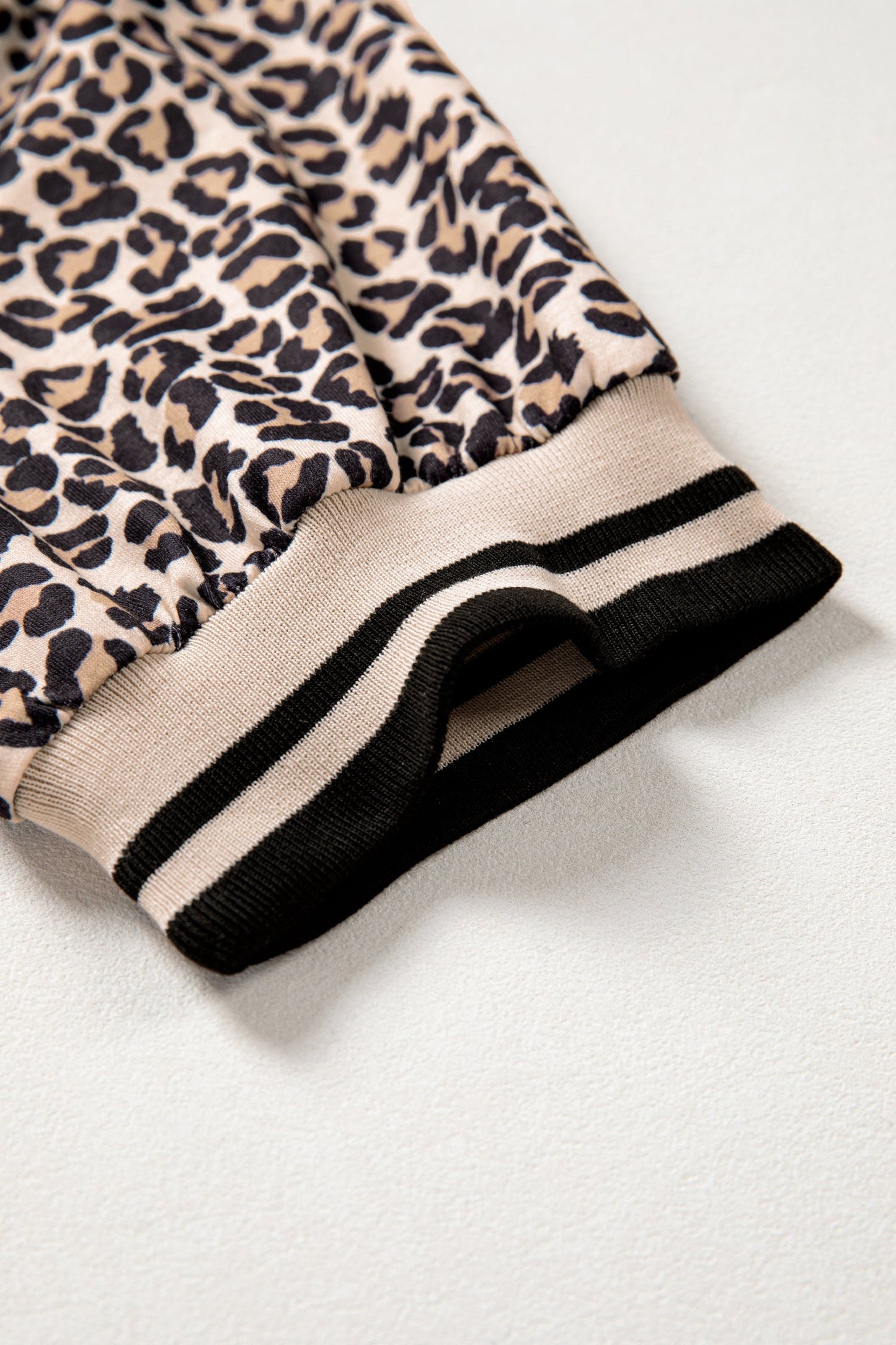 Leopard Half Zip Stripe Trim Short Sleeve Top