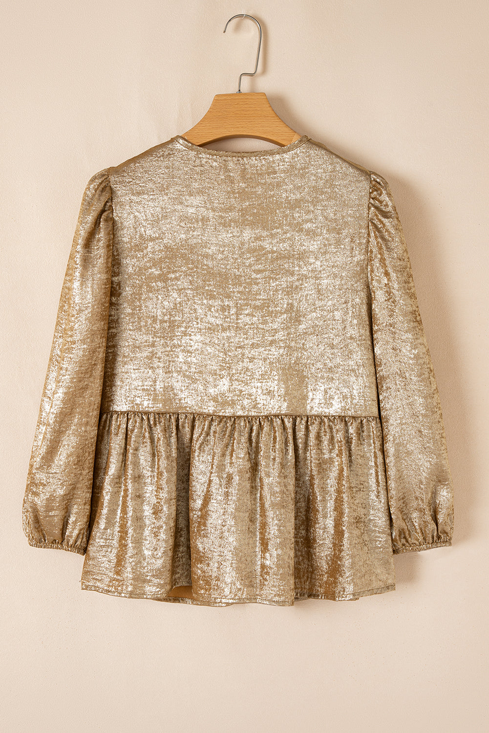 Metallic Tie Front 3/4 Puff Sleeve Peplum Blouse