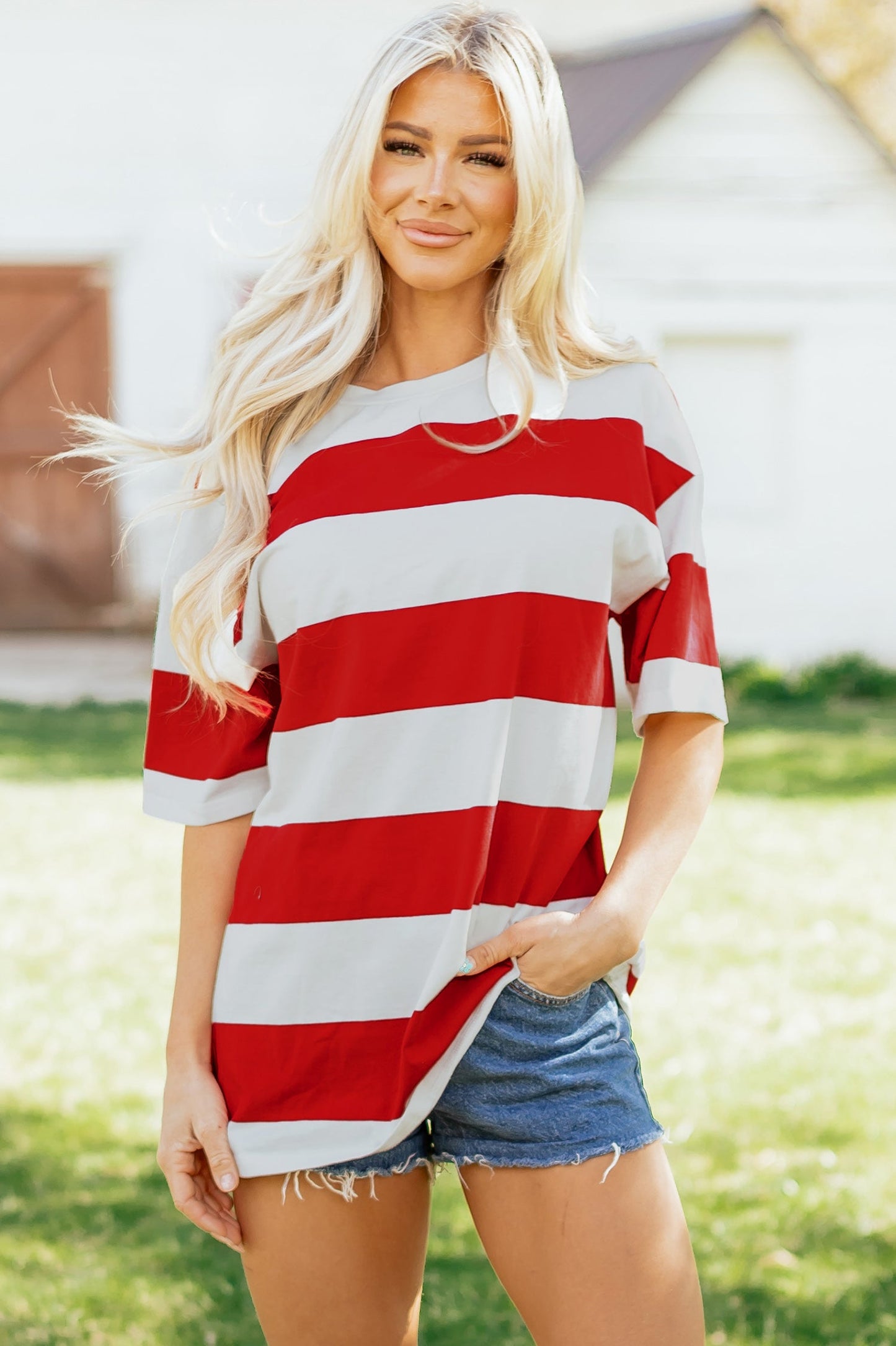 Stripe Colorblock Short Sleeve Oversize Tunic Tee