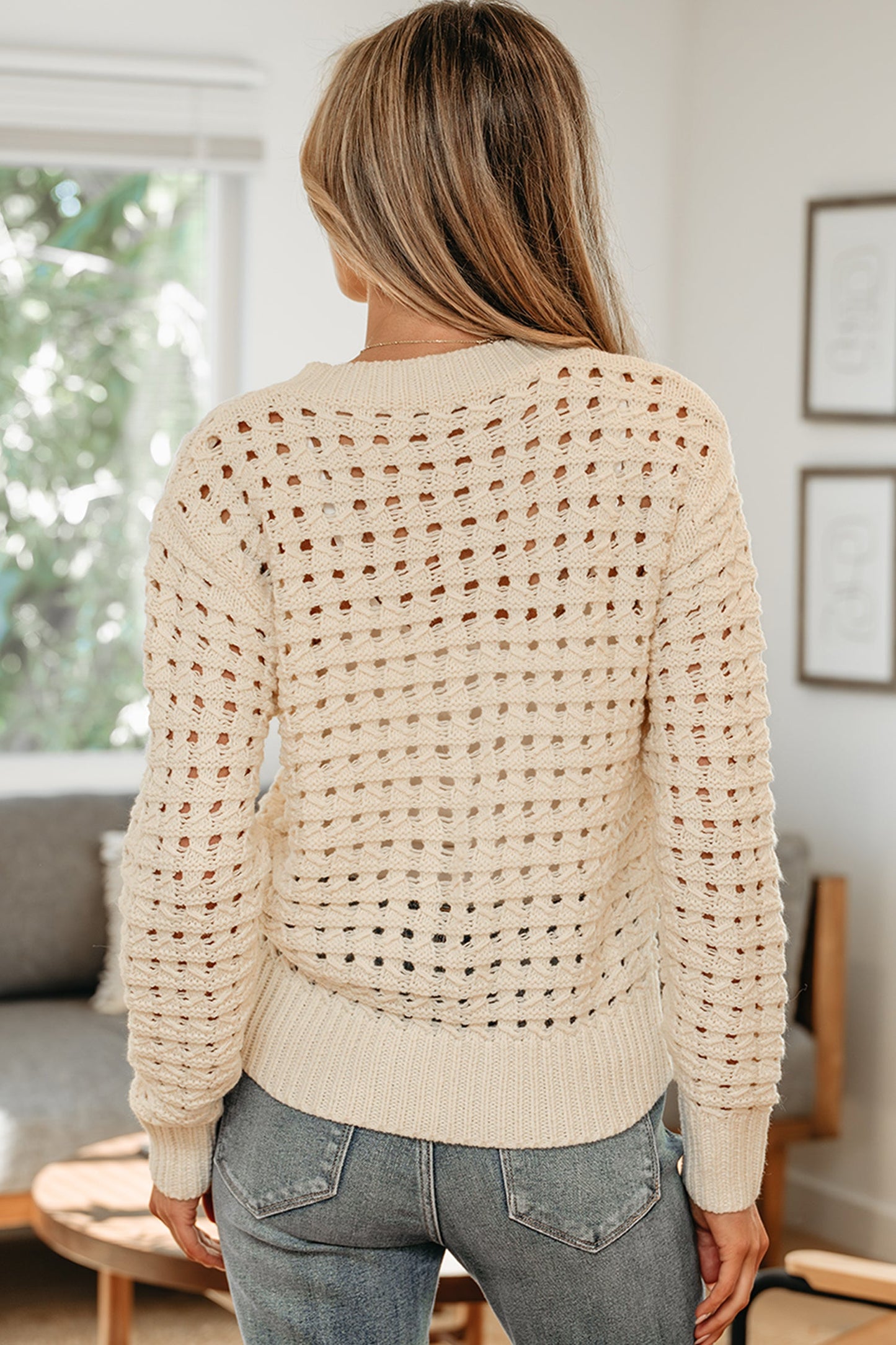 Zip Up Hollowed Pattern Knit Sweater