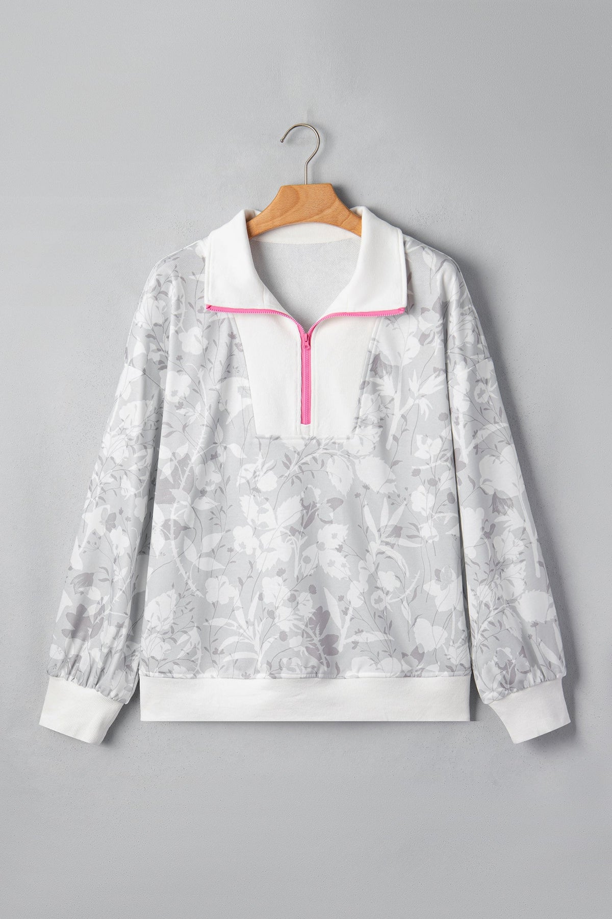 Floral Quarter Zip Collar Drop Shoulder Sweatshirt