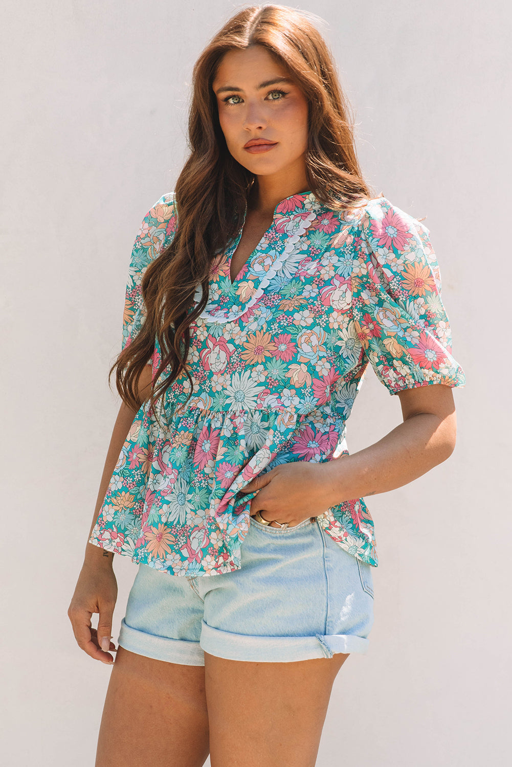 Floral Notched Neck Puff Short Sleeve Blouse