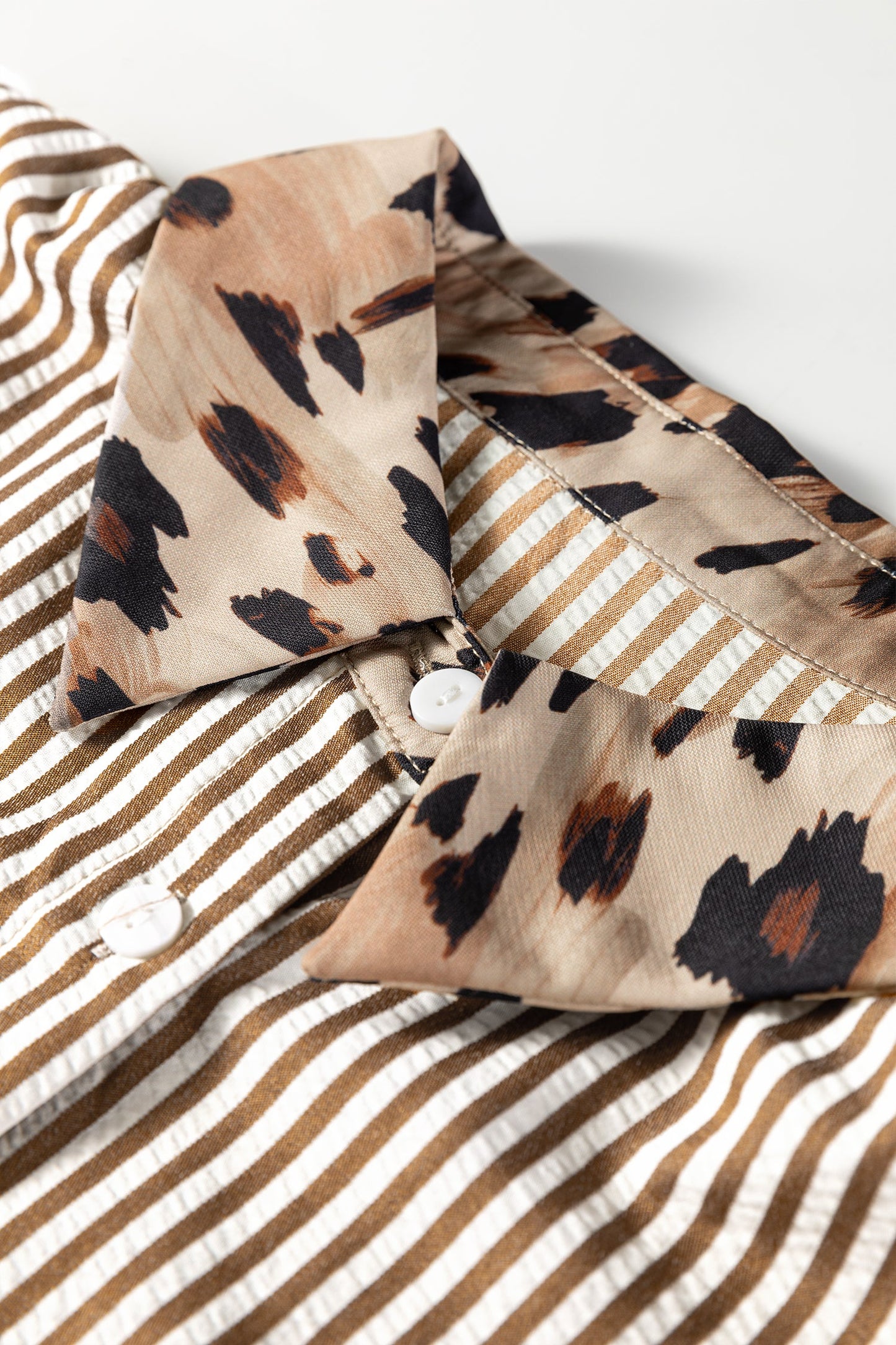 Plus Size Stripe Leopard Chest Pocket Collared Shirt