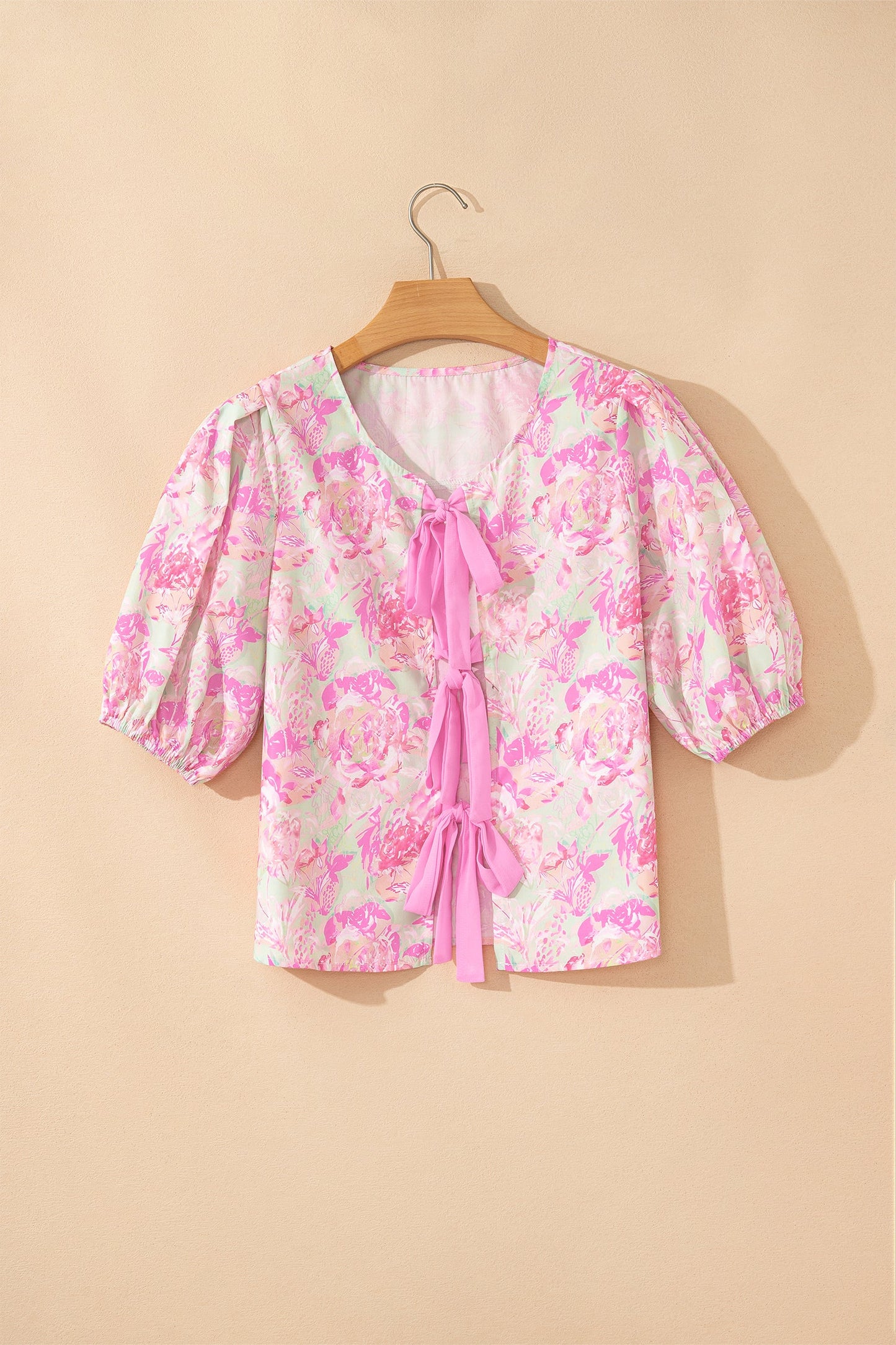 Floral Ribbon Knot Front Puff Sleeve Blouse