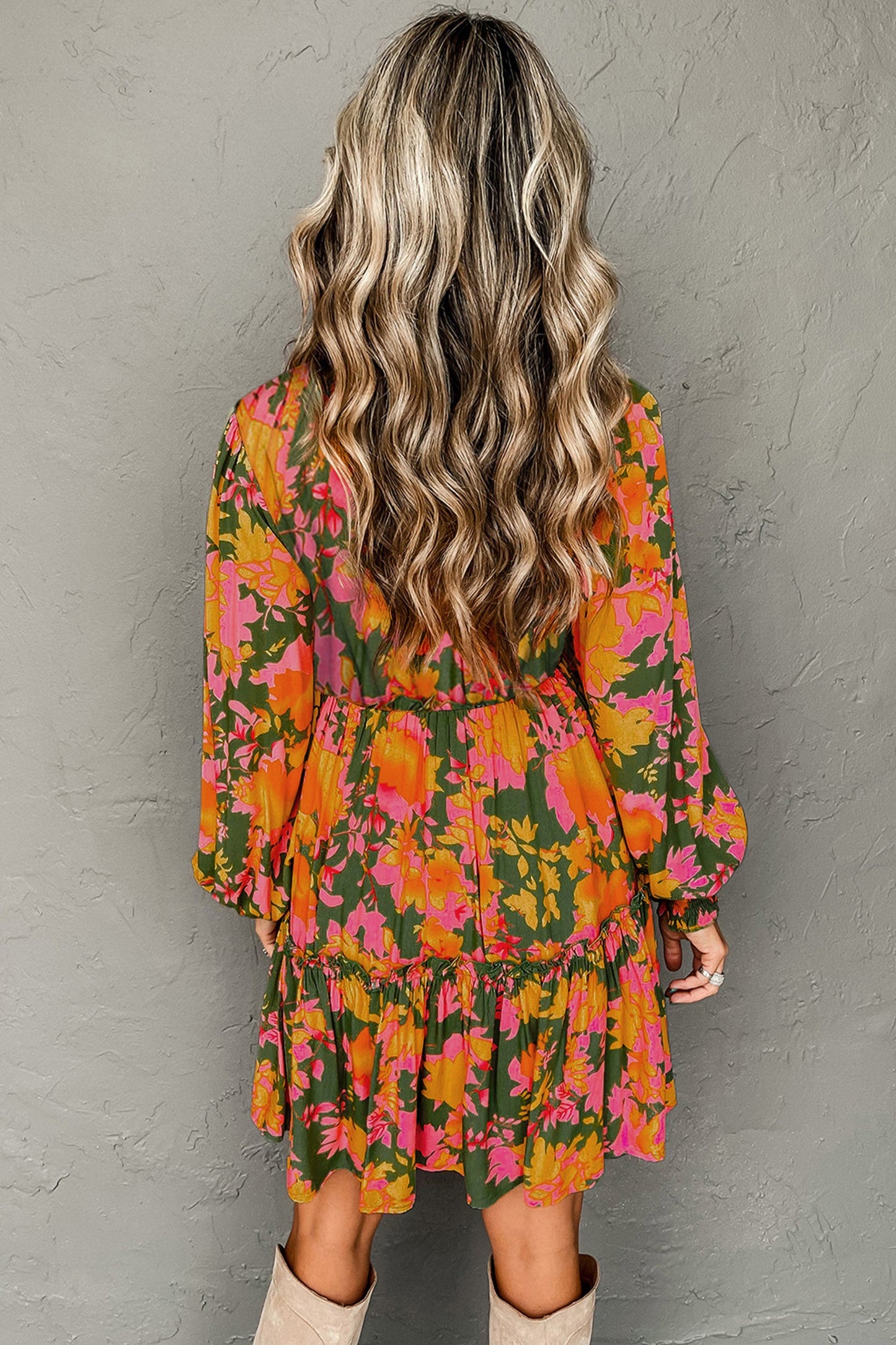 Floral Smocked Ruffle Hem Long Sleeve Mini Dress