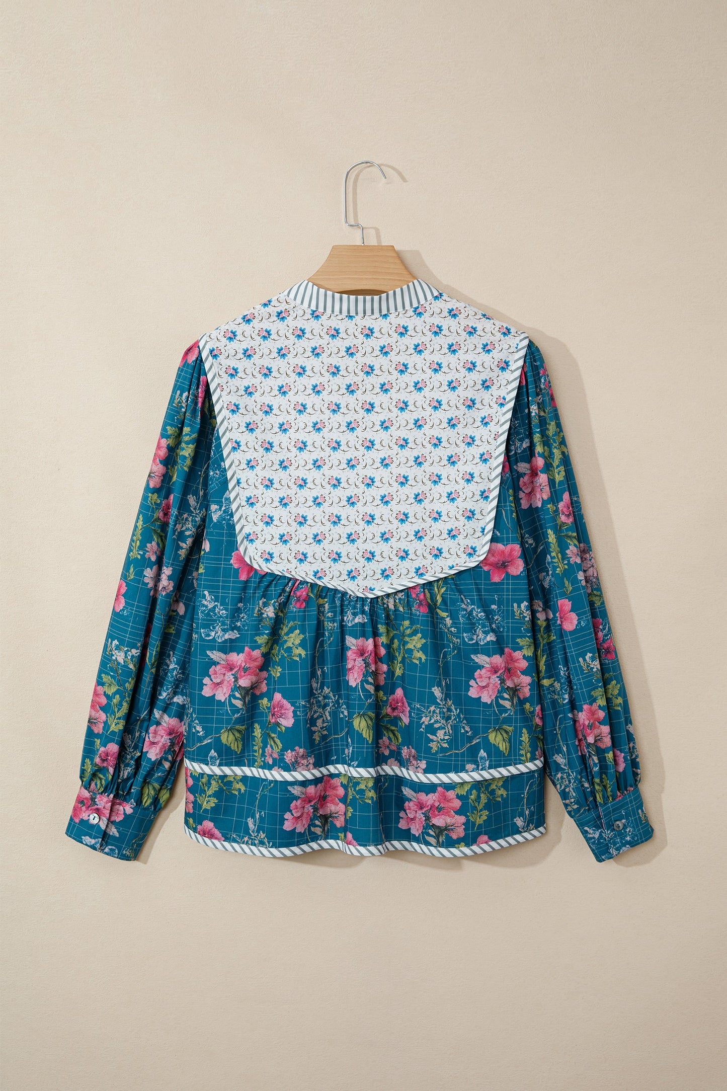 Floral Stripe Patchwork Long Puff Sleeve Blouse