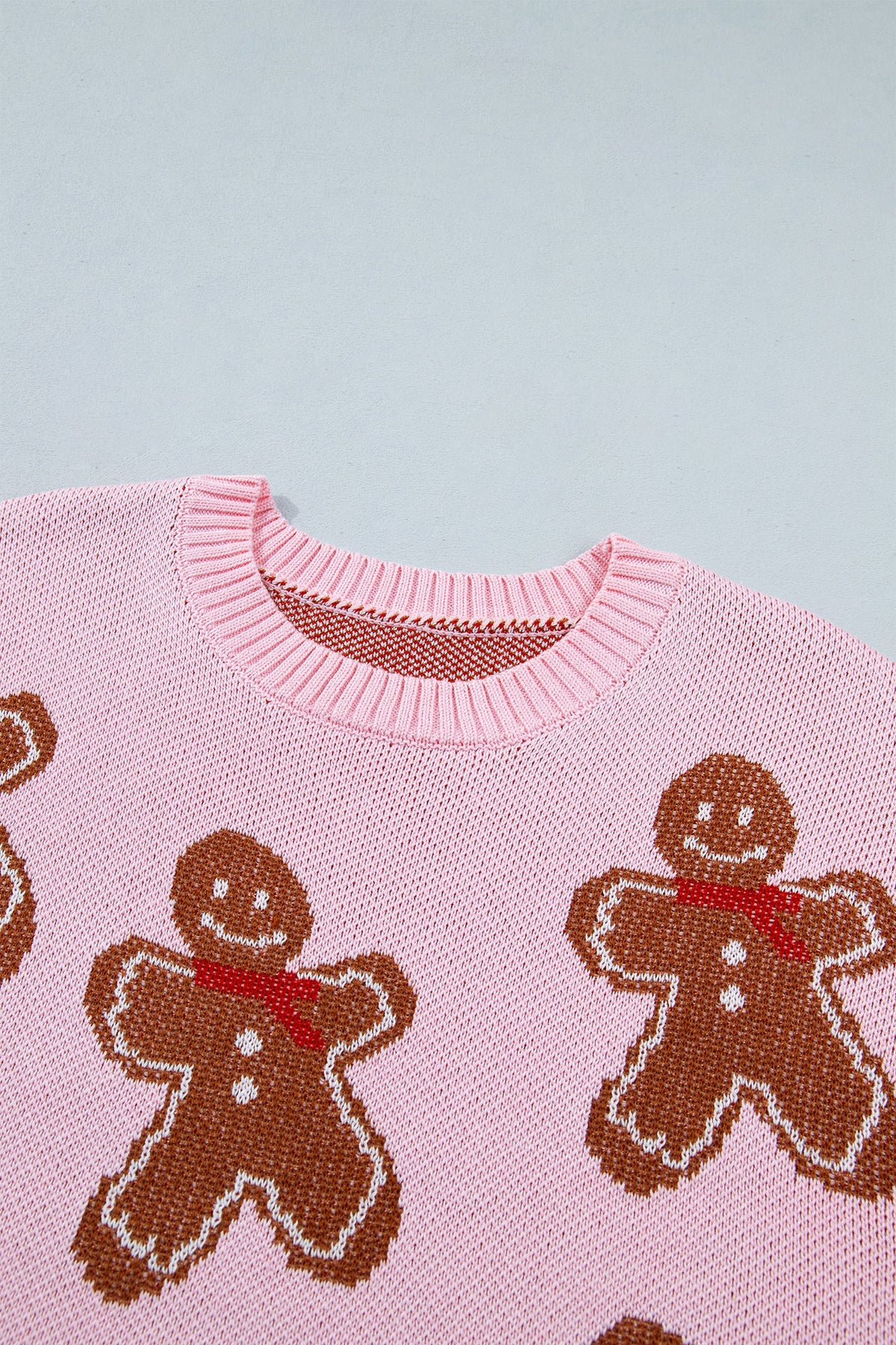 Christmas Gingerbread Ribbed Trim Round Neck Sweater