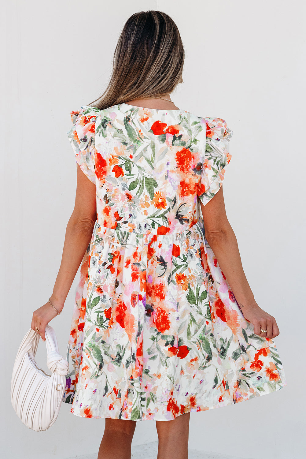 Floral Double Ruffle Sleeve V-Neck Mini Dress