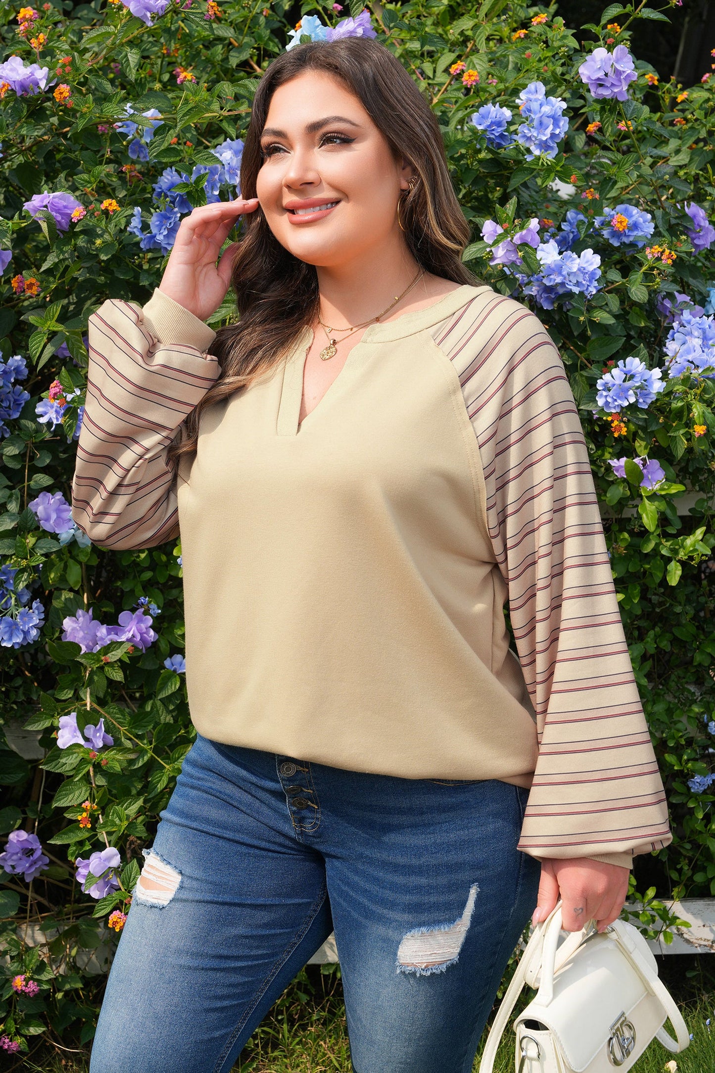 Plus Size Raglan Sleeve Stripe Notch-Neck Jumper